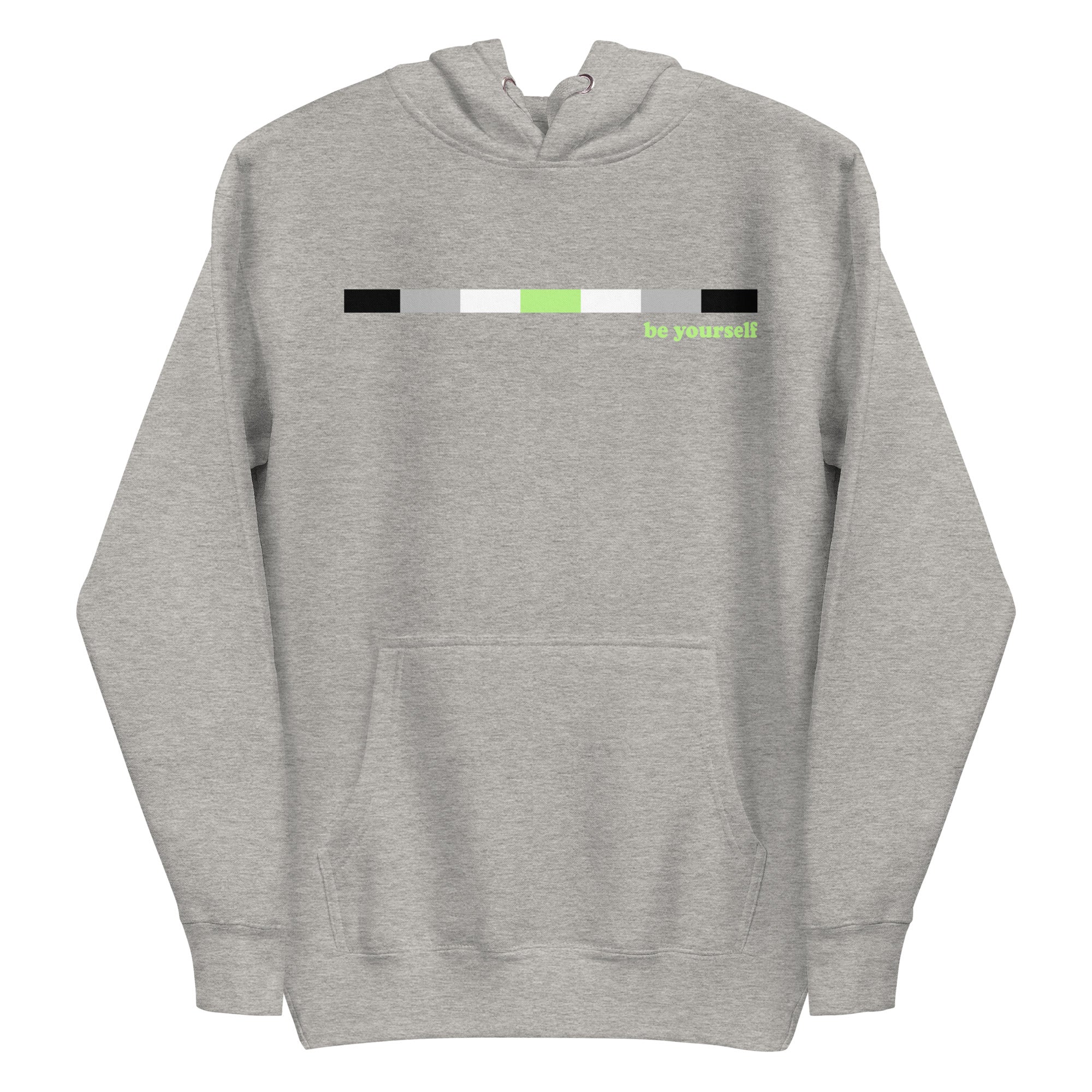 Introducing the Pridelity Agender Hoodie: a navy blue hoodie featuring a horizontal color bar in black, gray, white, and green. Adjacent to the bar on the right side is green text that reads 