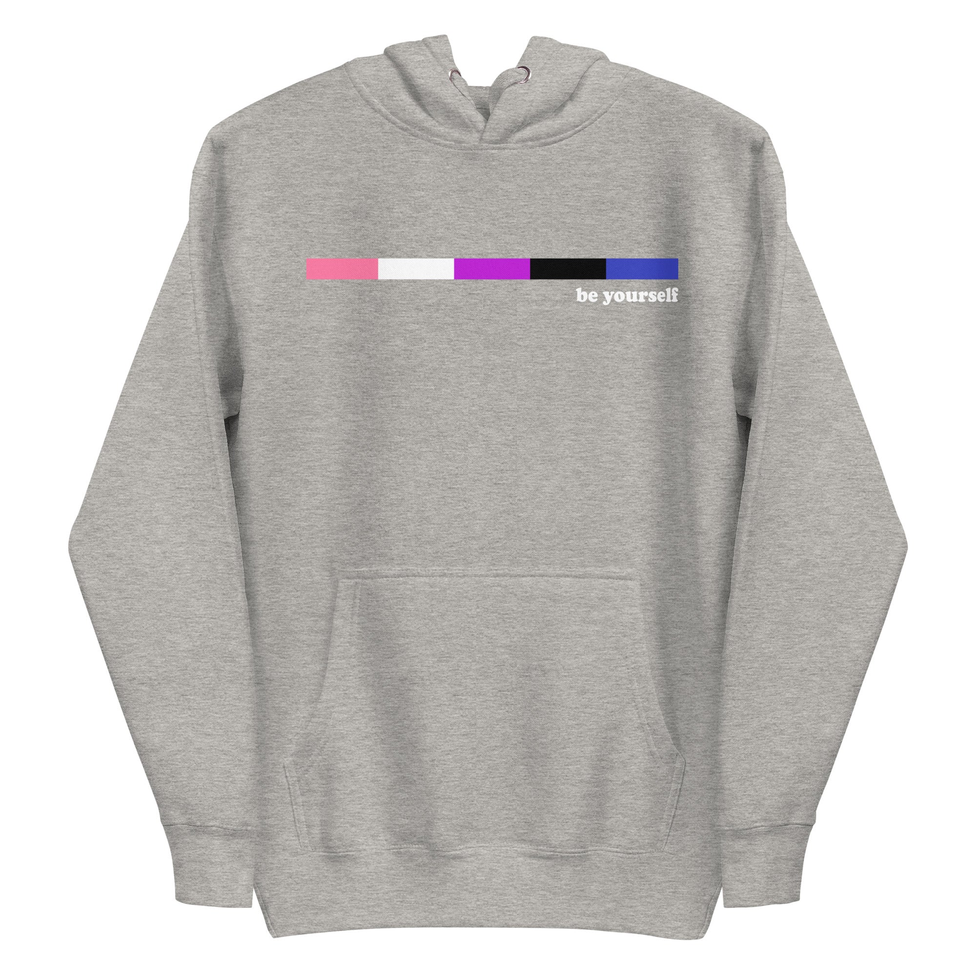 Introducing the Pridelity Genderfluid Hoodie, a navy blazer hoodie that celebrates self-expression with a color bar featuring horizontal stripes in pink, white, purple, and black. Accompanying the vibrant design are the empowering words 