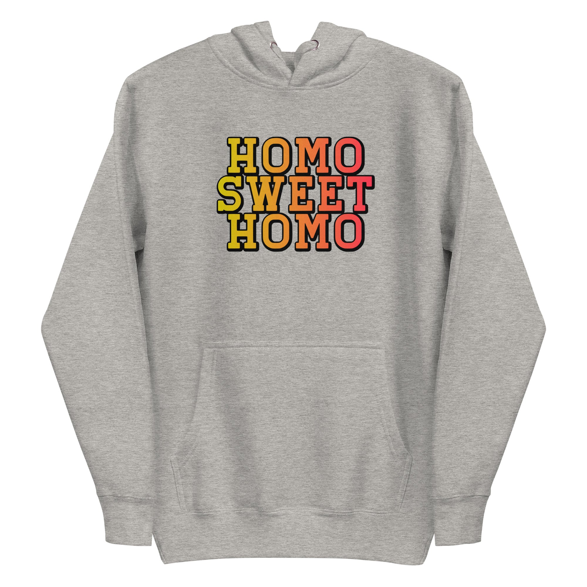 A carbon grey *Homo Sweet Homo* hoodie by Pridelity featuring bold, multicolored lettering on the front.