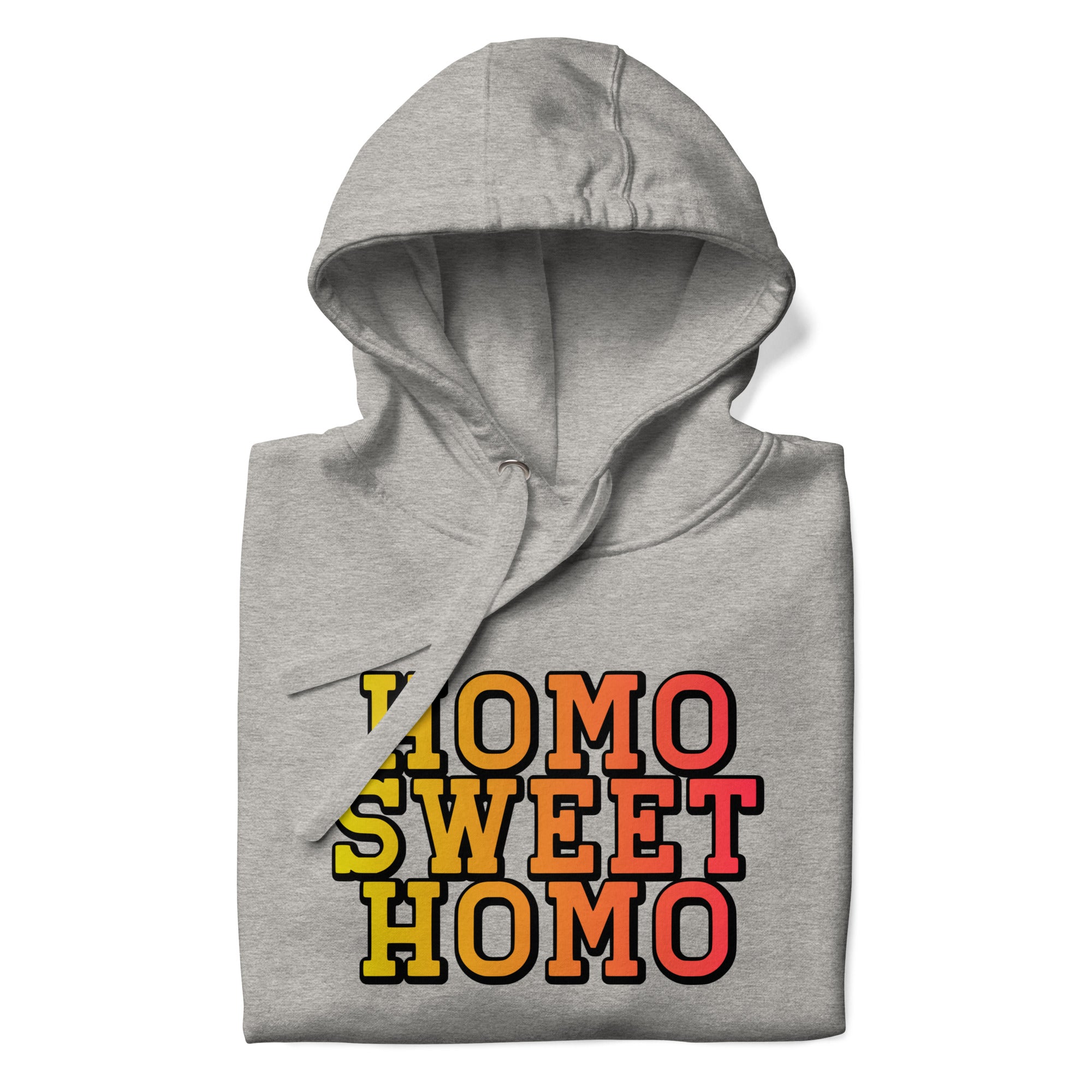 A carbon grey *Homo Sweet Homo* hoodie by Pridelity featuring bold, multicolored lettering on the front.