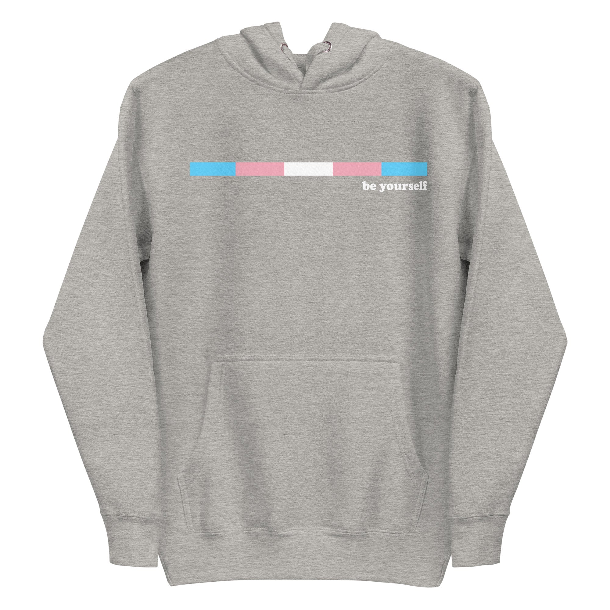 Celebrate your LGBTQ+ pride with Pridelity's Trans Hoodie in Team Royal. This stylish hoodie features a front pocket and a thin horizontal gradient bar of blue, pink, and white. Next to it, you'll find the empowering message 