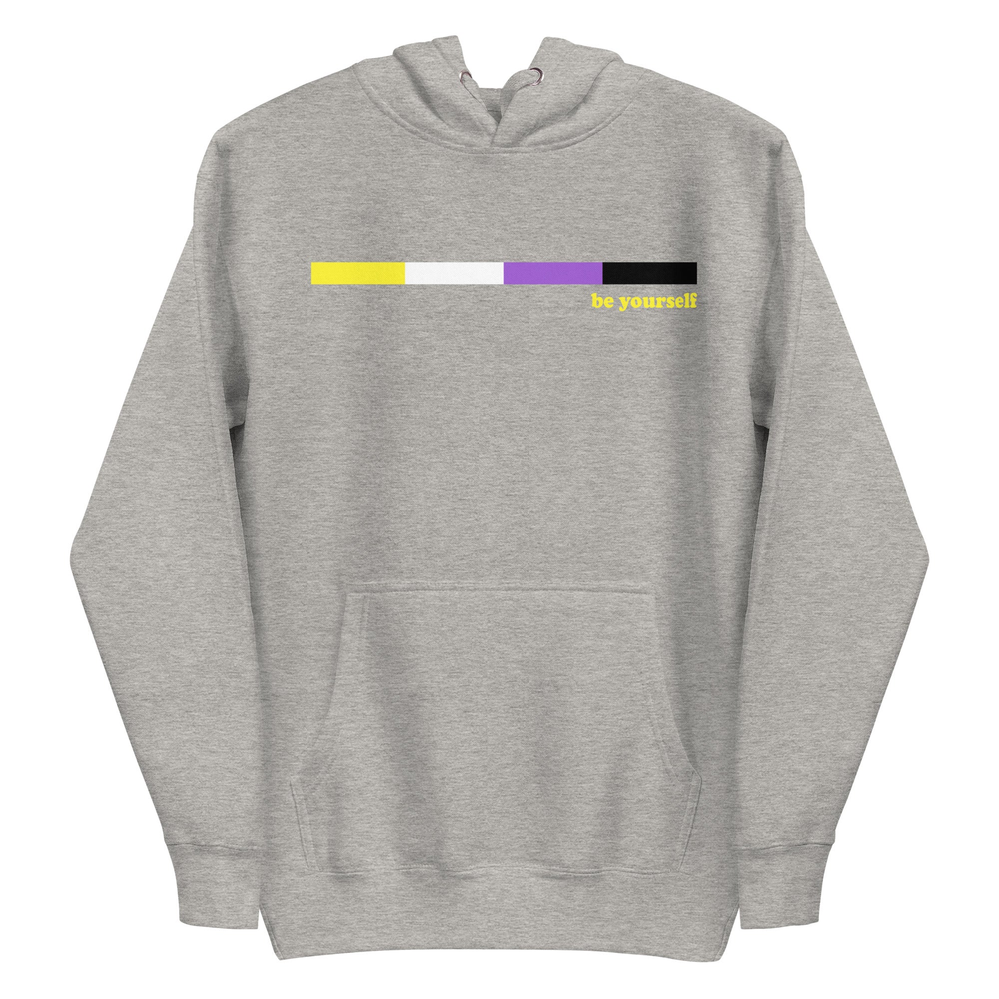 The Nonbinary Hoodie by Pridelity showcases a minimalist design with horizontal yellow, white, purple, and black stripes that embody the spirit of pride shirts. The motivational phrase 