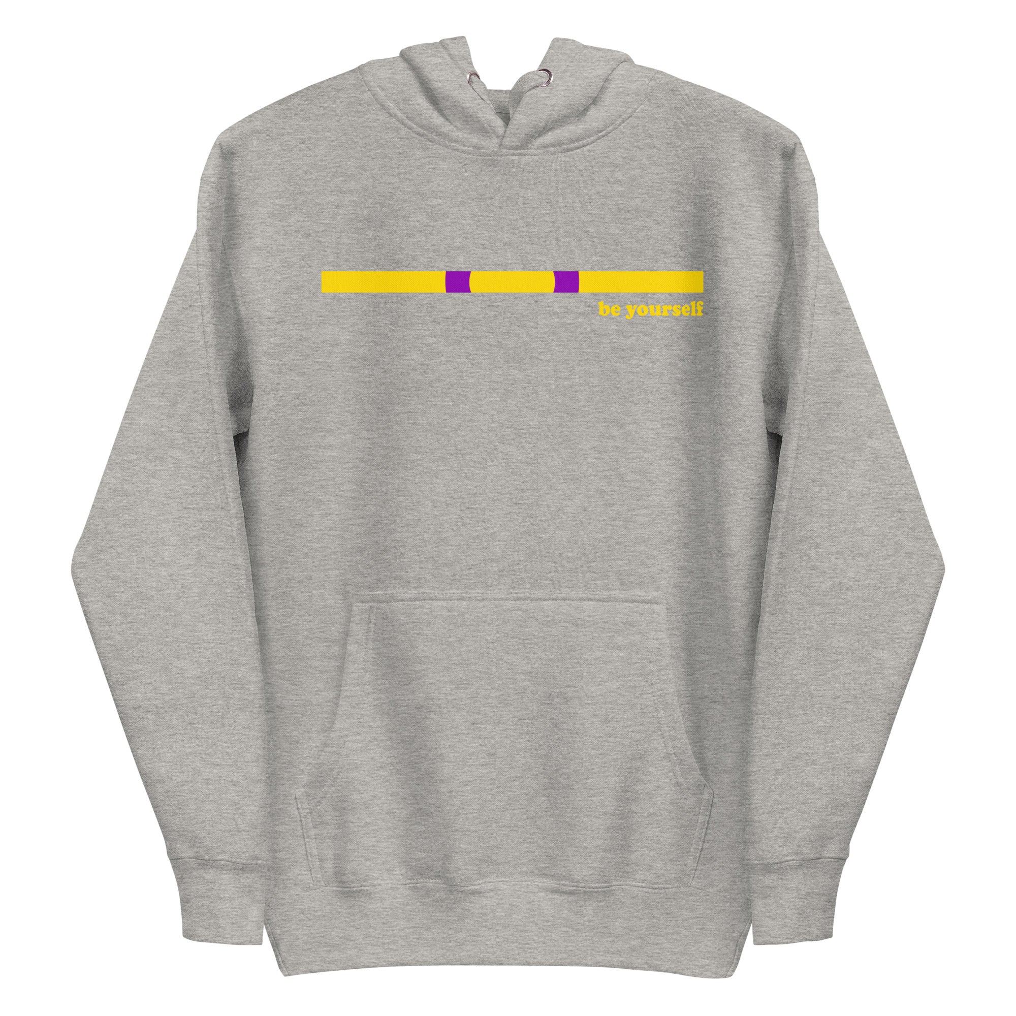 The Intersex Hoodie by Pridelity, in black, features a horizontal yellow and purple bar above the chest with 