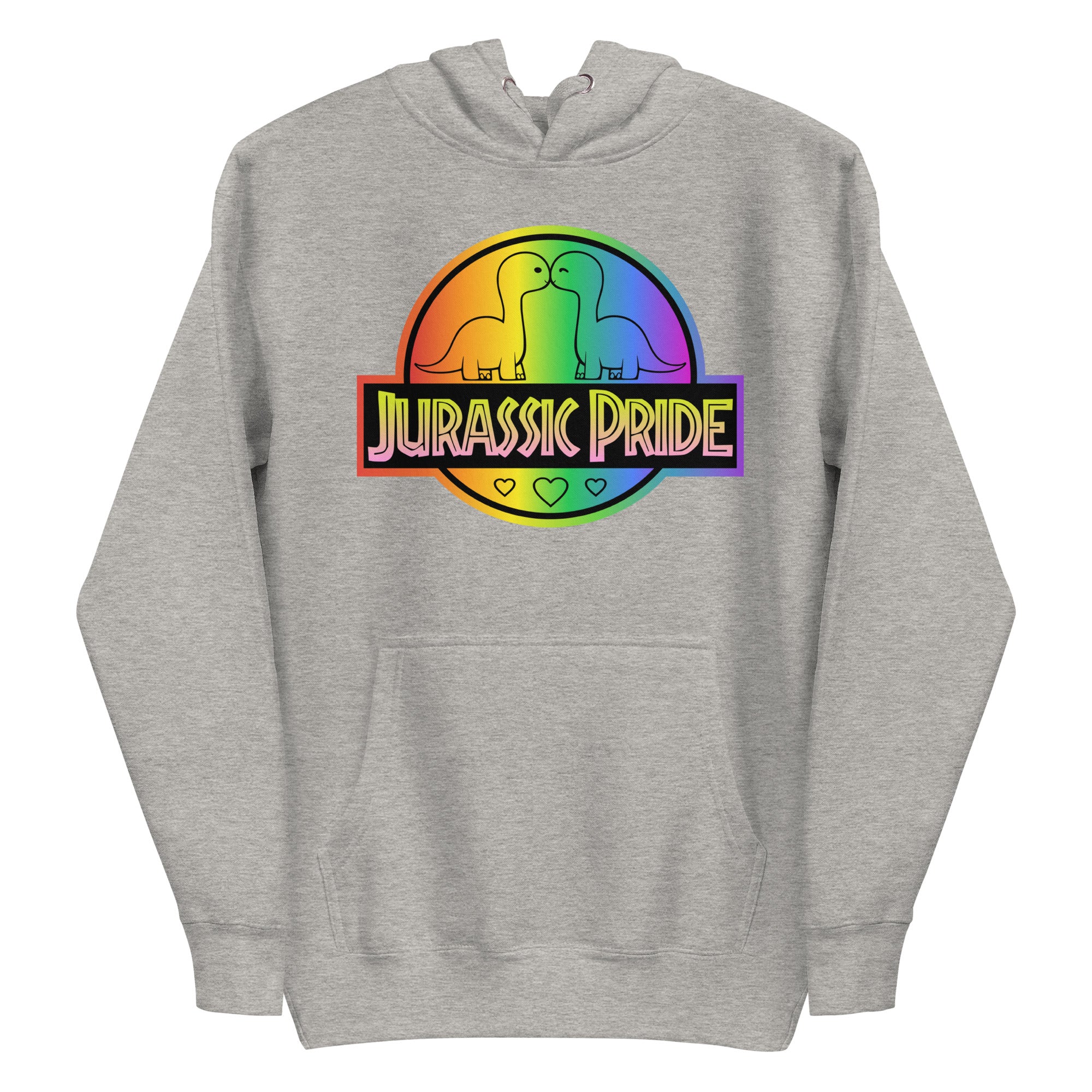 The Jurassic Pride Hoodie by Pridelity showcases a vibrant design featuring two cartoon dinosaurs facing each other inside a rainbow circle. The bold 