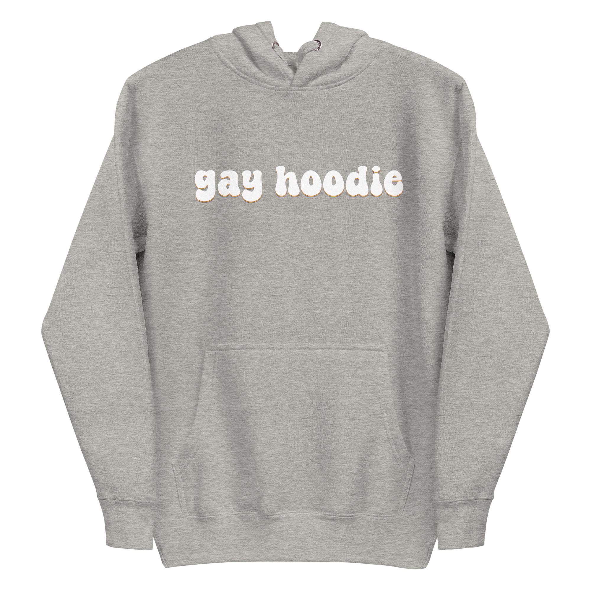 Introducing the Gay Hoodie by Pridelity: A black pride hoodie featuring cream-colored text with the phrase 