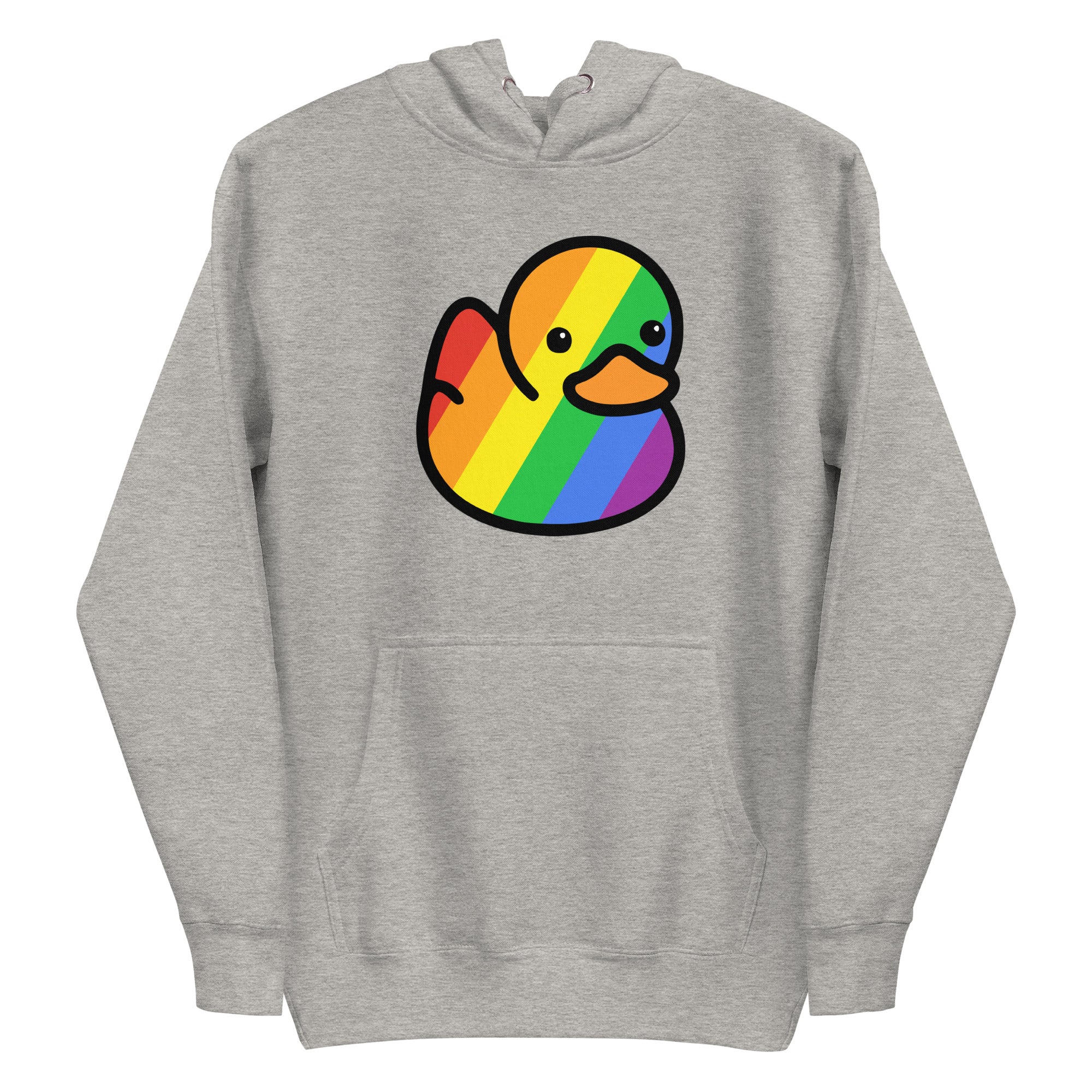 The Pride Duck Hoodie by Pridelity beautifully captures the essence of pride with a cartoon duck adorned in a vibrant rainbow pattern. The simple and cute expression of the duck adds an extra touch of charm, while the white hoodie offers both comfort and style with its drawstring hood and front pocket, making it an ideal piece for your pride shirts collection.