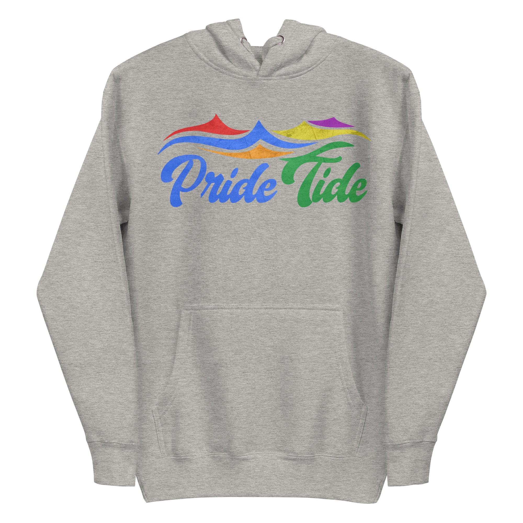 Experience the vibrant Pride Tide Hoodie by Pridelity, featuring a colorful wave design above 