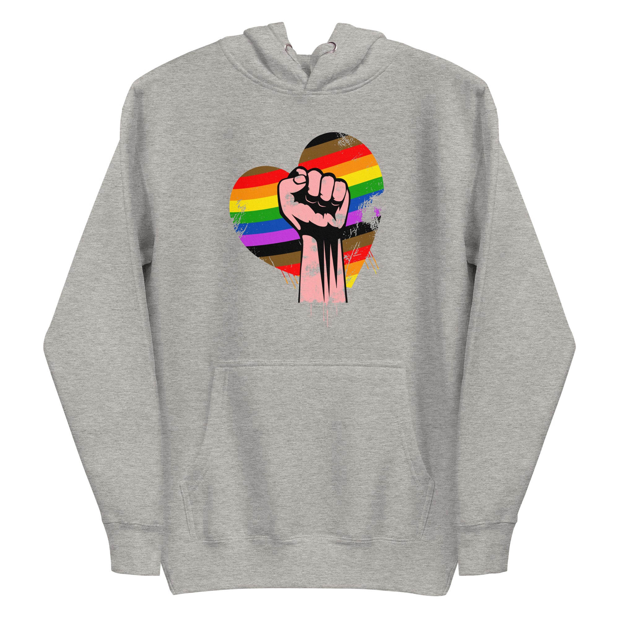 The Pridelity Fist Up Hoodie features a striking design of a raised fist within a heart filled with rainbow hues, beautifully blending empowerment and LGBTQ+ pride. This design stands out on its crisp white fabric.