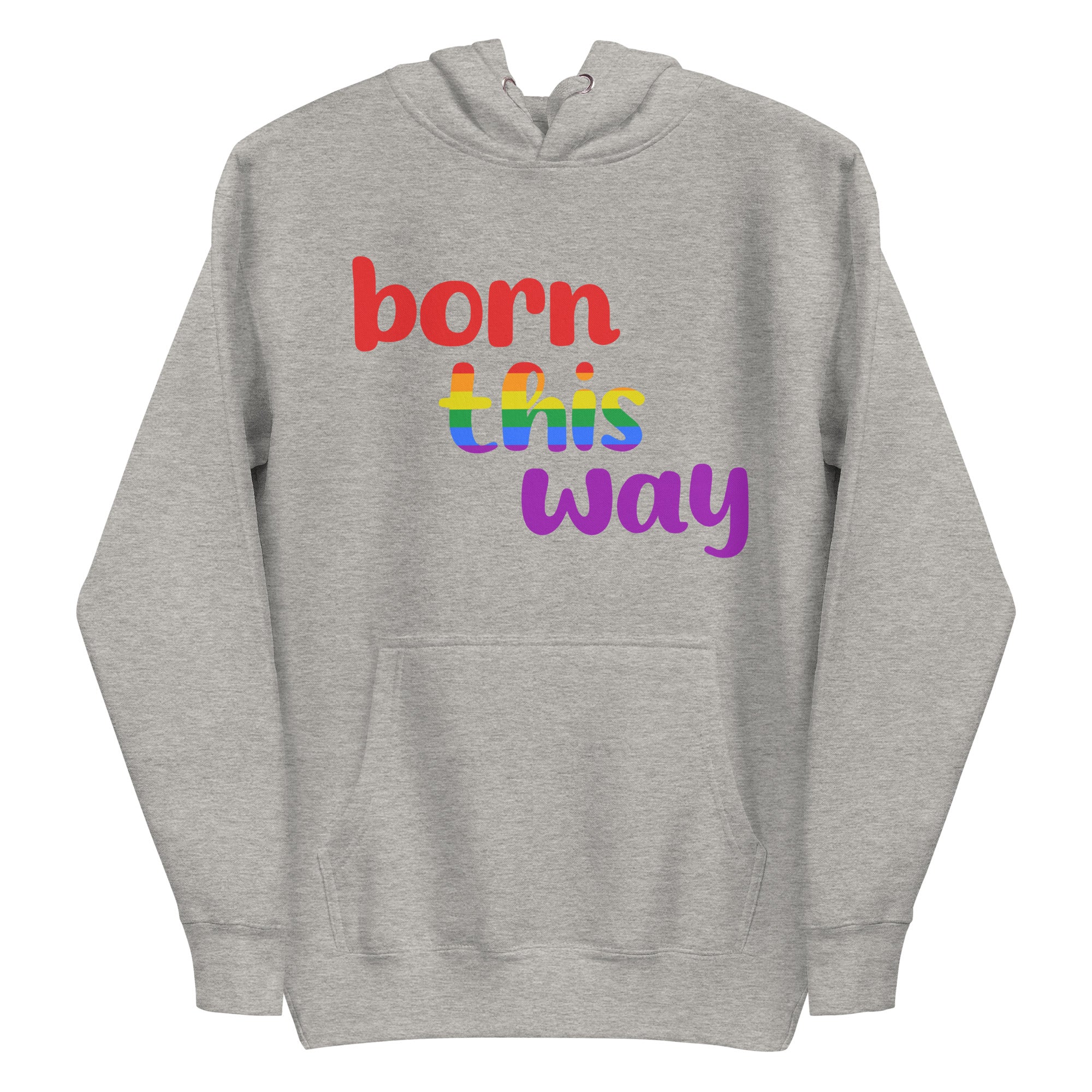 The Born This Way Hoodie by Pridelity is a standout piece in our Pride Merch. It features bold lettering on the front, with 