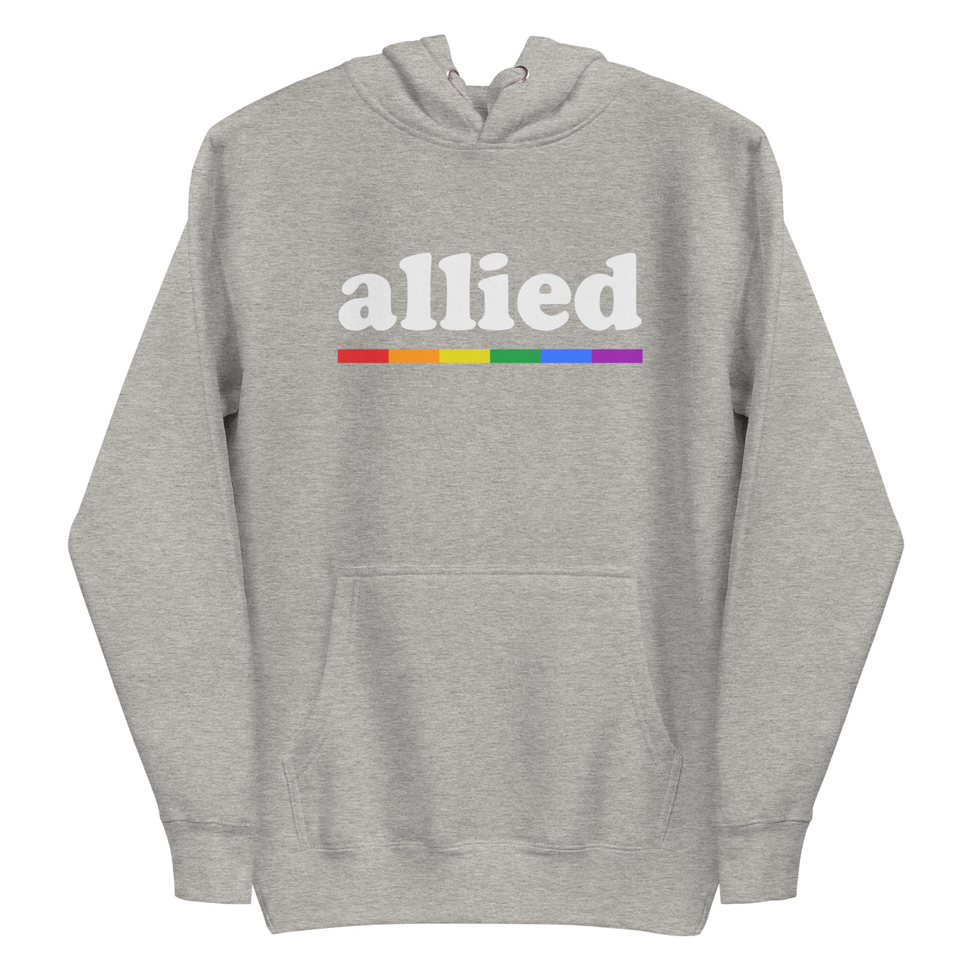 Introducing the Allied Hoodie by Pridelity: a black hoodie that showcases the word 