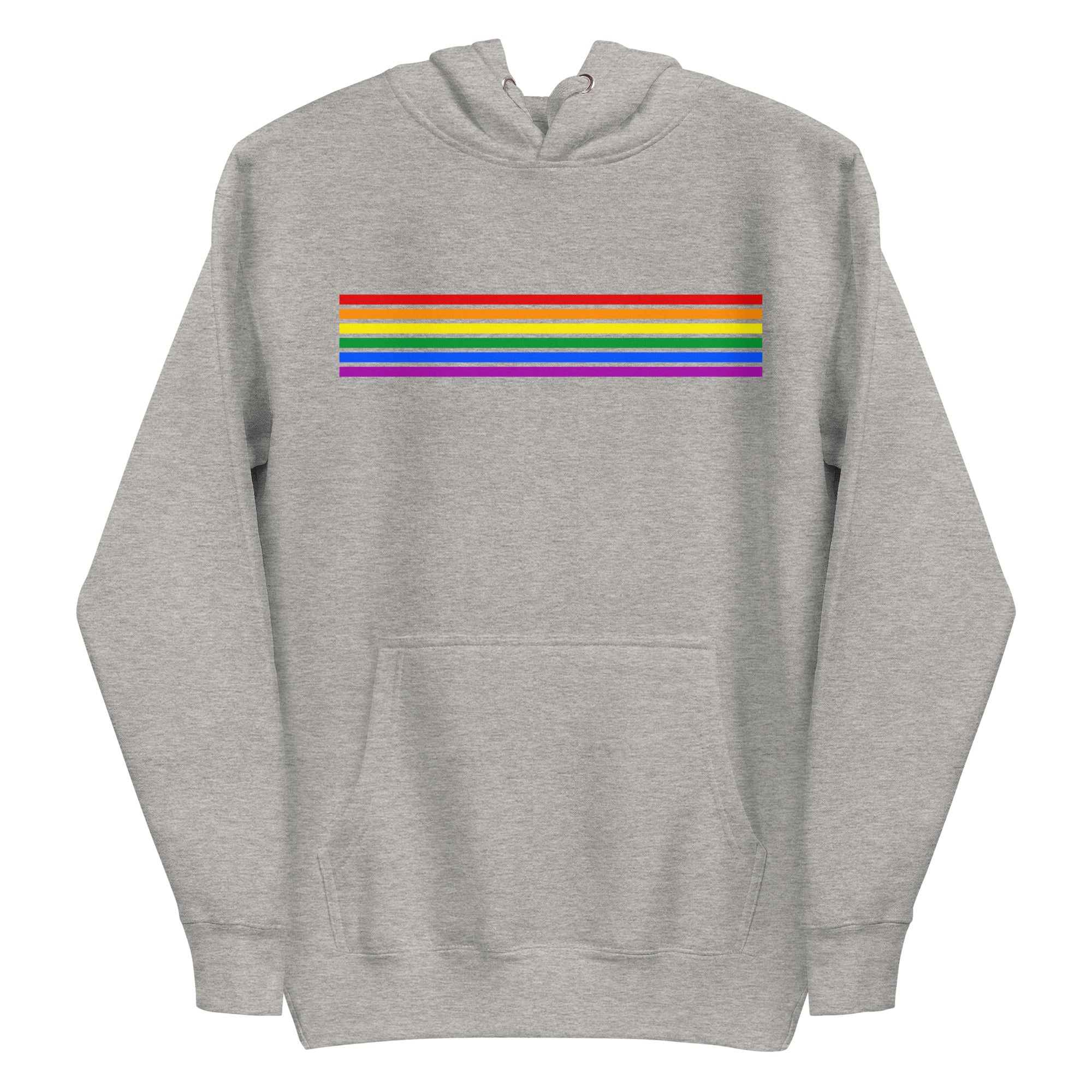 Presenting the Rainbow Stripes Hoodie from Pridelity: This black hoodie boasts a striking horizontal rainbow stripe across the chest, highlighting vibrant hues such as red, orange, yellow, green, blue, and purple. Created to honor the LGBTQ+ community, it also features a front pocket and adjustable drawstrings for comfort and style.