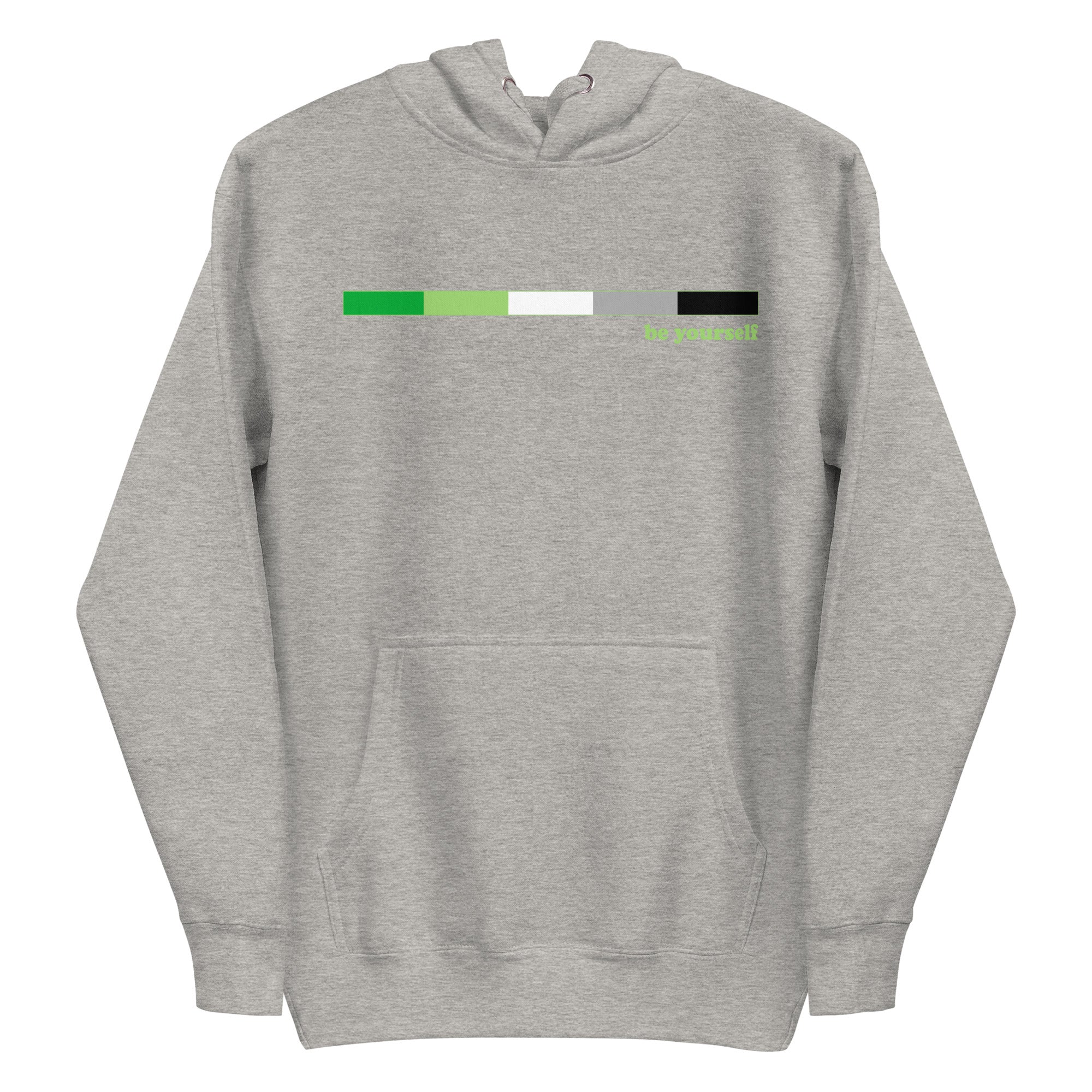 Introducing the Aromantic Hoodie from Pridelity's Pride Merch collection. This black hoodie showcases a rectangular progress bar design in shades of green and white, with 