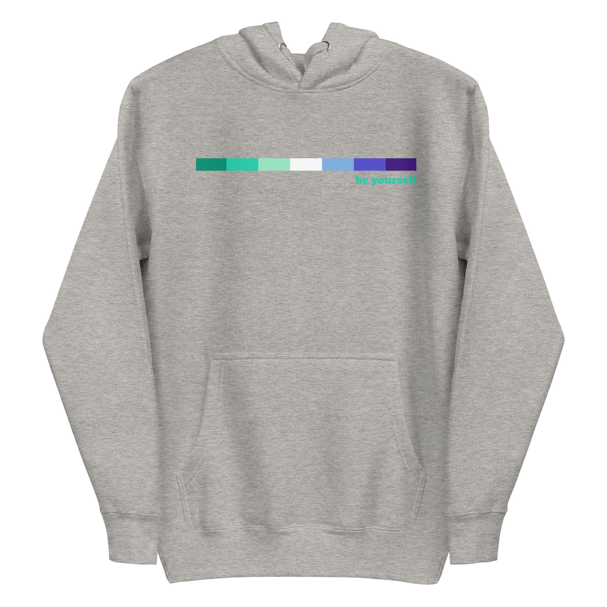 The Pridelity Gay Men Hoodie in Navy Blazer showcases a series of horizontal color blocks in shades of green, blue, and teal. The phrase 