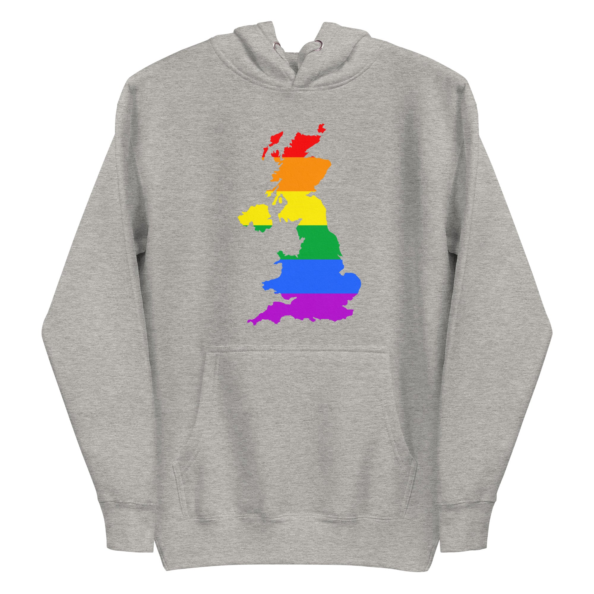 Introducing the British Isles Pride Hoodie by Pridelity, this sky blue hoodie features a vibrant depiction of Great Britain in rainbow colors, reflecting the LGBTQ+ pride flag. The eye-catching design is prominently displayed on the chest, making it an essential piece for any Pride Collection.