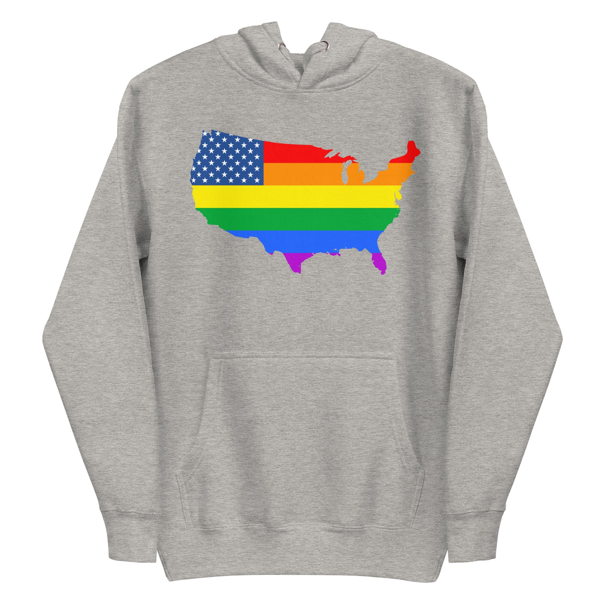 The US Map Pride Hoodie by Pridelity, in a sky blue color, showcases the United States map adorned with an American flag design that transitions into rainbow stripes, representing LGBTQ+ pride.