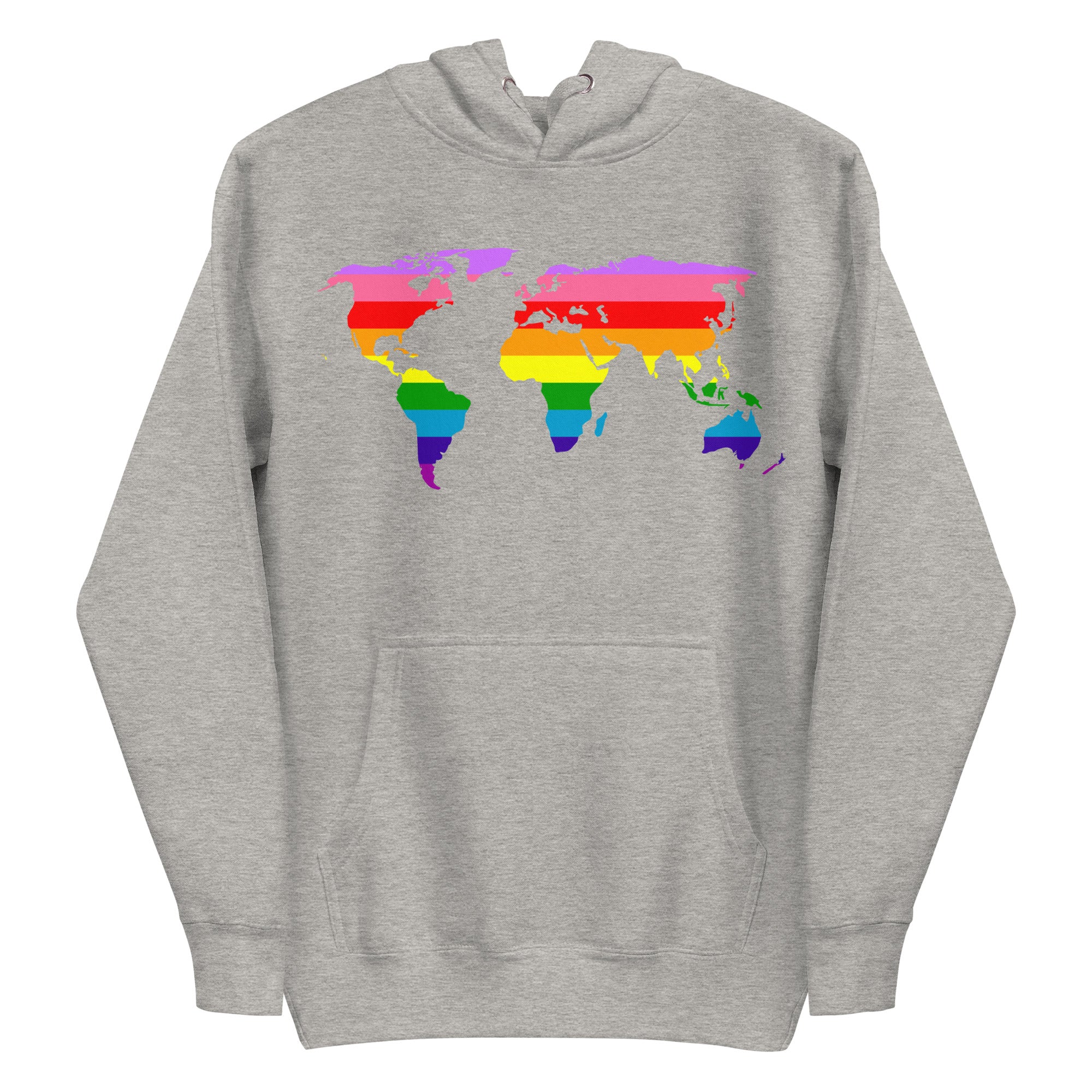 Introducing the World Pride Hoodie from Pridelity. This sky blue hoodie showcases a vibrant world map with continents in the colors of the LGBTQ+ pride flag, prominently displayed on the front. Designed for comfort, it also features a convenient front pocket and drawstrings.