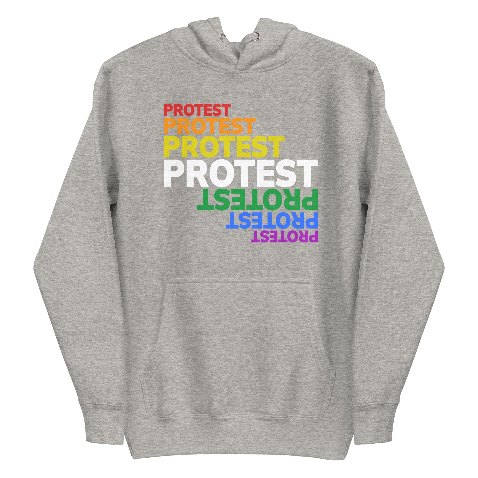 Introducing the Protest Hoodie by Pridelity: a sleek black hoodie featuring the word 