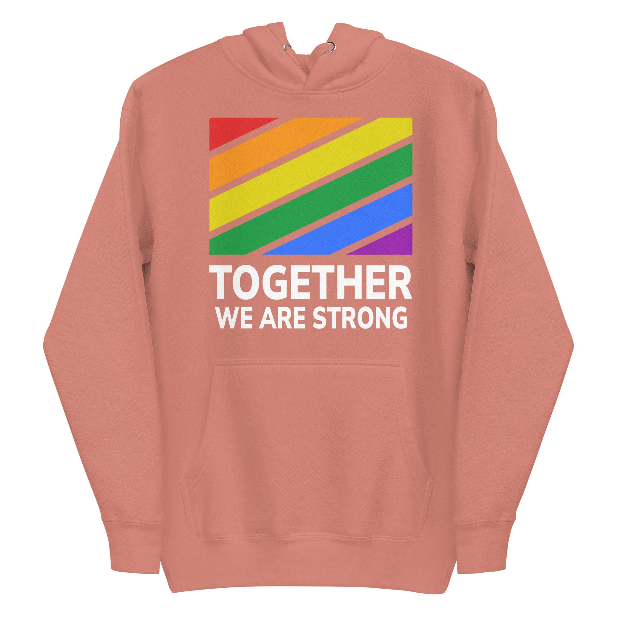 The Together Hoodie by Pridelity features a rainbow-striped rectangular design above the empowering slogan 