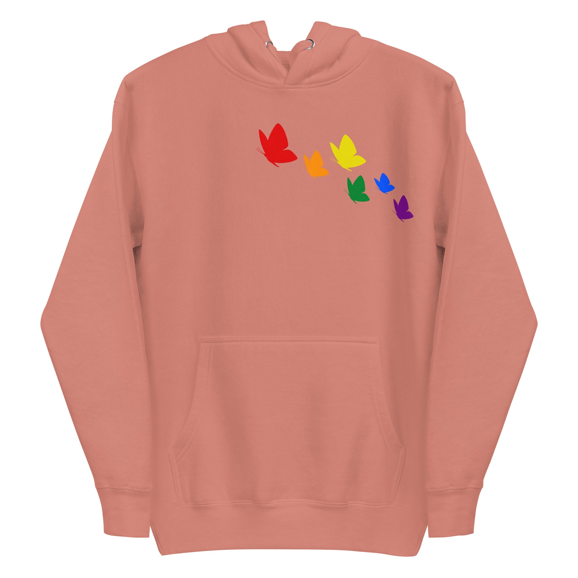 This Butterfly Hoodie from Pridelity's Pride Collection features a striking design of seven butterflies arranged in a diagonal pattern, each reflecting the colors of the rainbow: red, orange, yellow, green, light blue, dark blue, and purple.