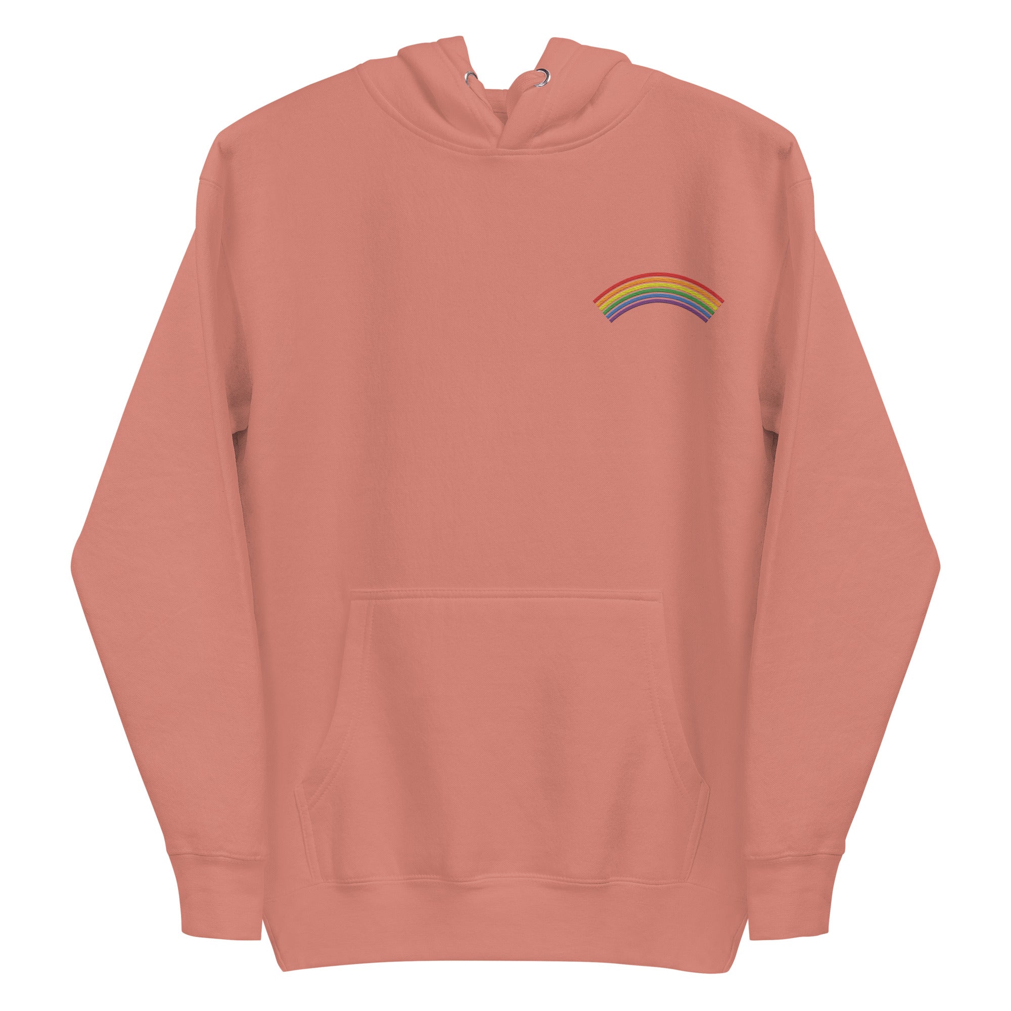 Introducing Pridelity's Rainbow Hoodie, a standout piece from the pride collection. This white hoodie showcases a subtle rainbow design on the upper left chest. It features a front pocket and drawstrings at the hood, perfectly capturing a minimalist style while honoring LGBTQ+ pride.