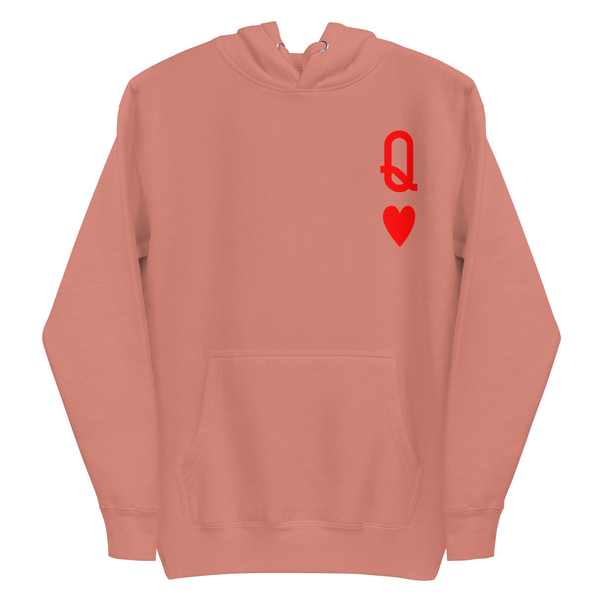 Presenting the Queen of Hearts Hoodie by Pridelity: a white hoodie adorned with a red 