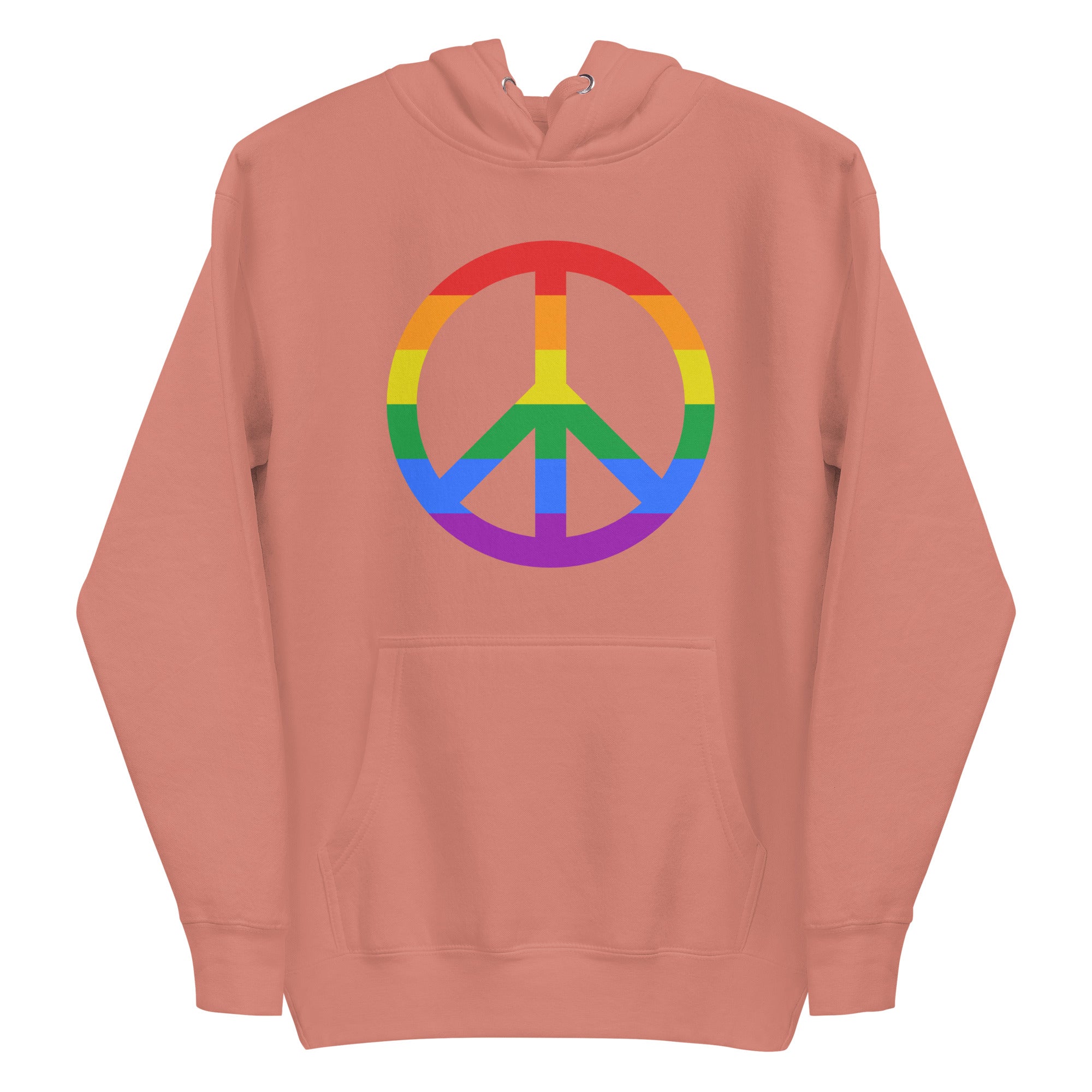 The Peace Hoodie by Pridelity showcases a rainbow peace symbol on the front of a black hoodie, set against a plain white background, making it an ideal addition to your pride shirt collection.