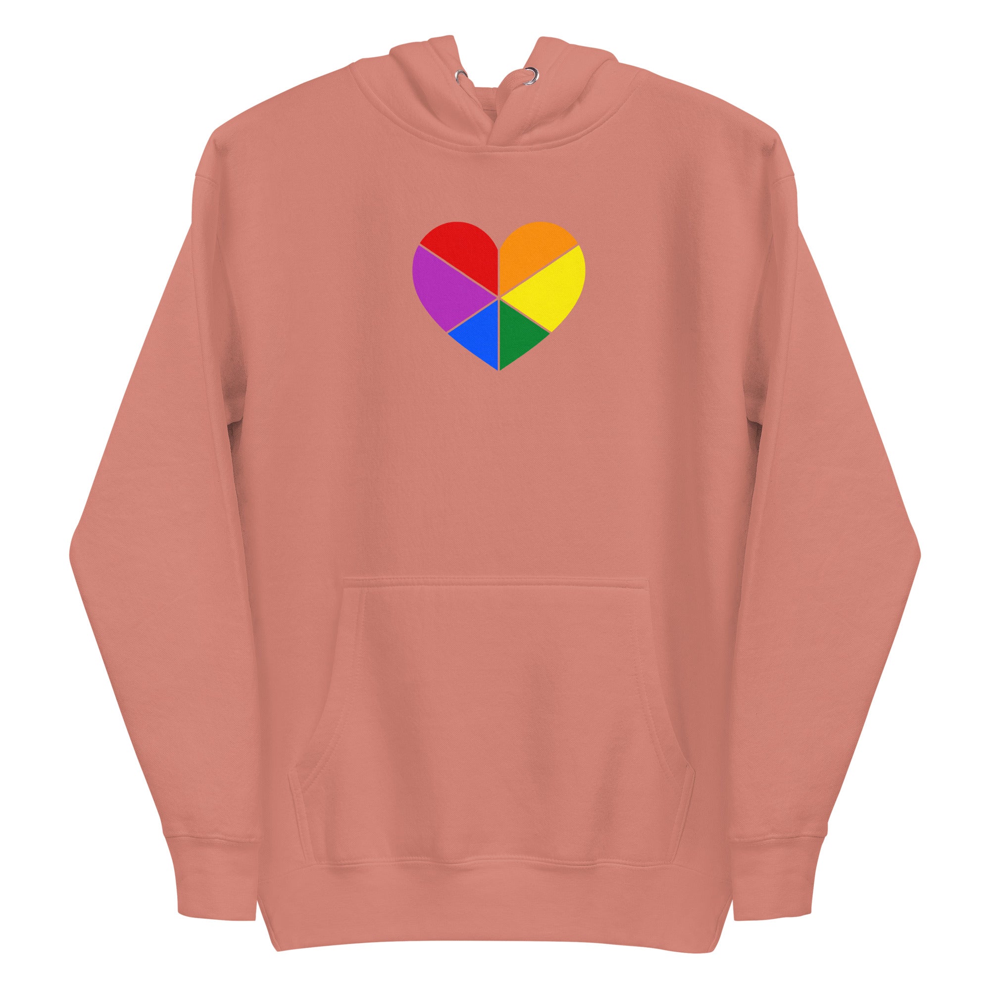 The Pride Heart Hoodie from Pridelity is a white hoodie adorned with a multicolored heart emblem at its center, inspired by pride shirts. Each segment of the heart reveals a different color, creating a vibrant rainbow pattern. It also includes a convenient front pocket and an adjustable hood with drawstrings for added comfort.