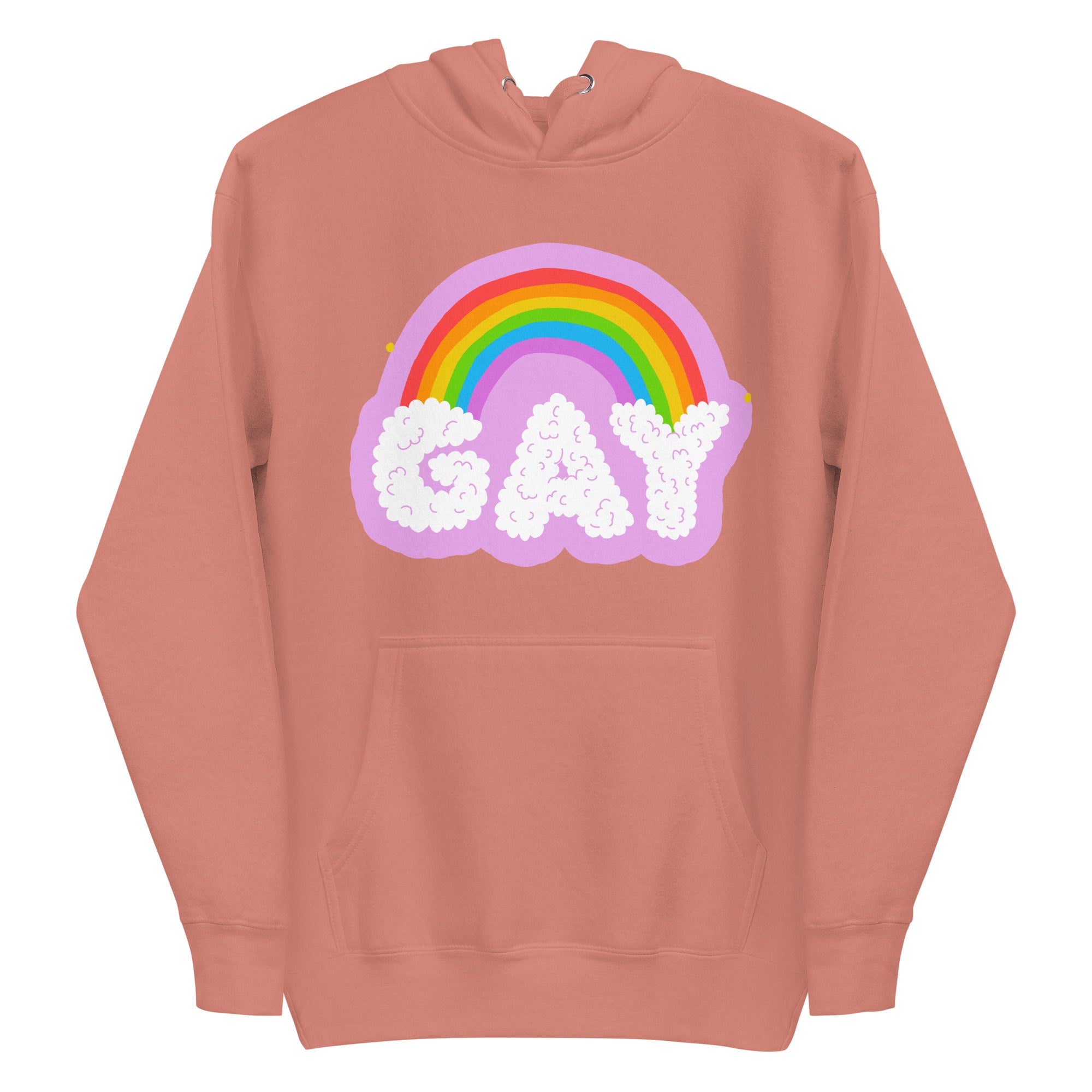 The Cloud Gay Hoodie from Pridelity's Pride Merch collection is a white hoodie showcasing a vibrant rainbow over the word 