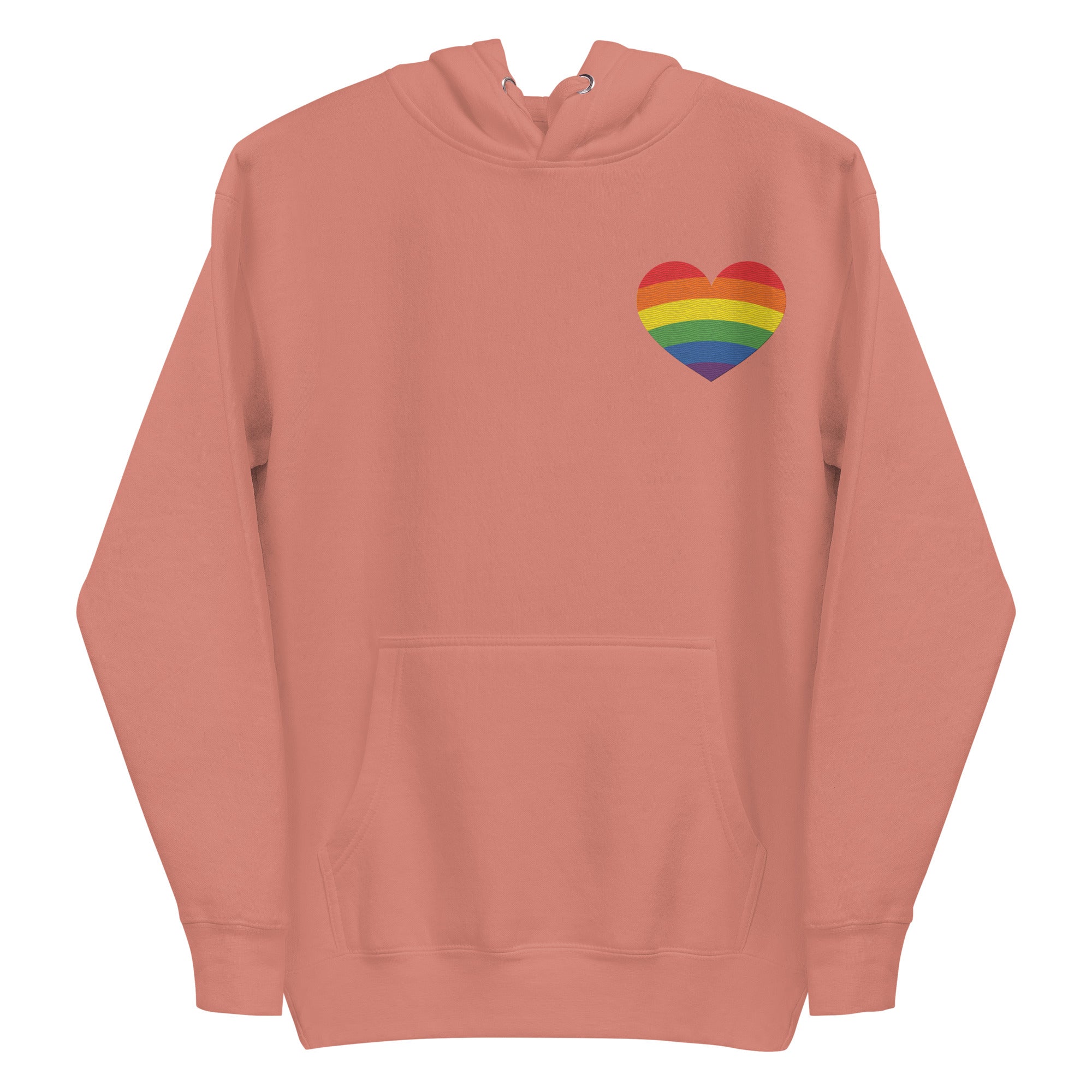 The Rainbow Heart Hoodie by Pridelity, in black, showcases a rainbow-striped heart on the left chest to celebrate LGBTQ+ pride.