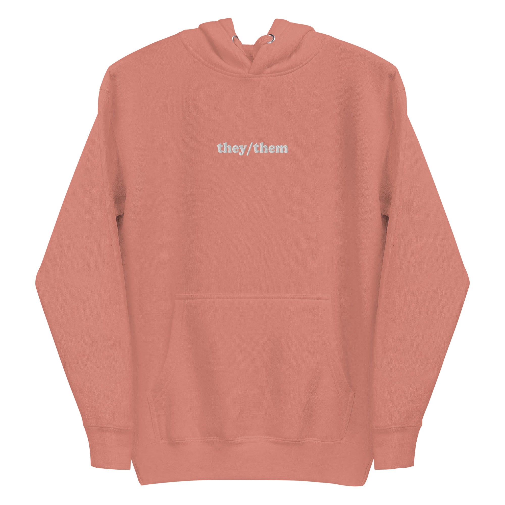 Introducing the They/Them Hoodie from Pridelity's pride collection. This LGBTQ+ friendly piece comes in a folded dusty rose color and features 