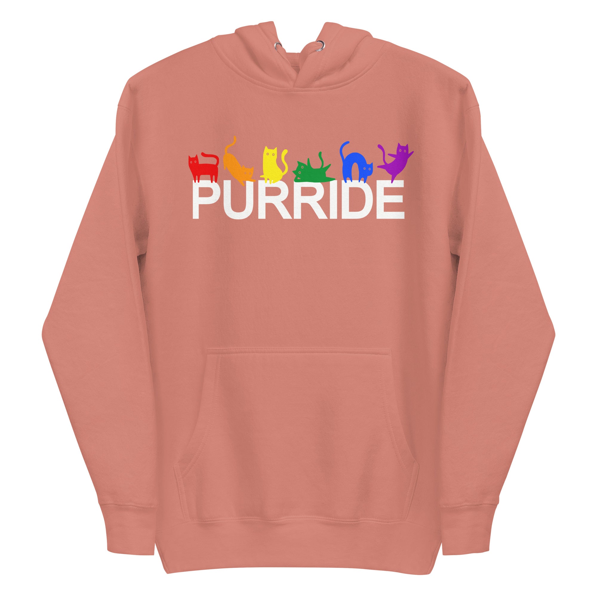 The Purride Hoodie by Pridelity is a standout among pride shirts, featuring the word 