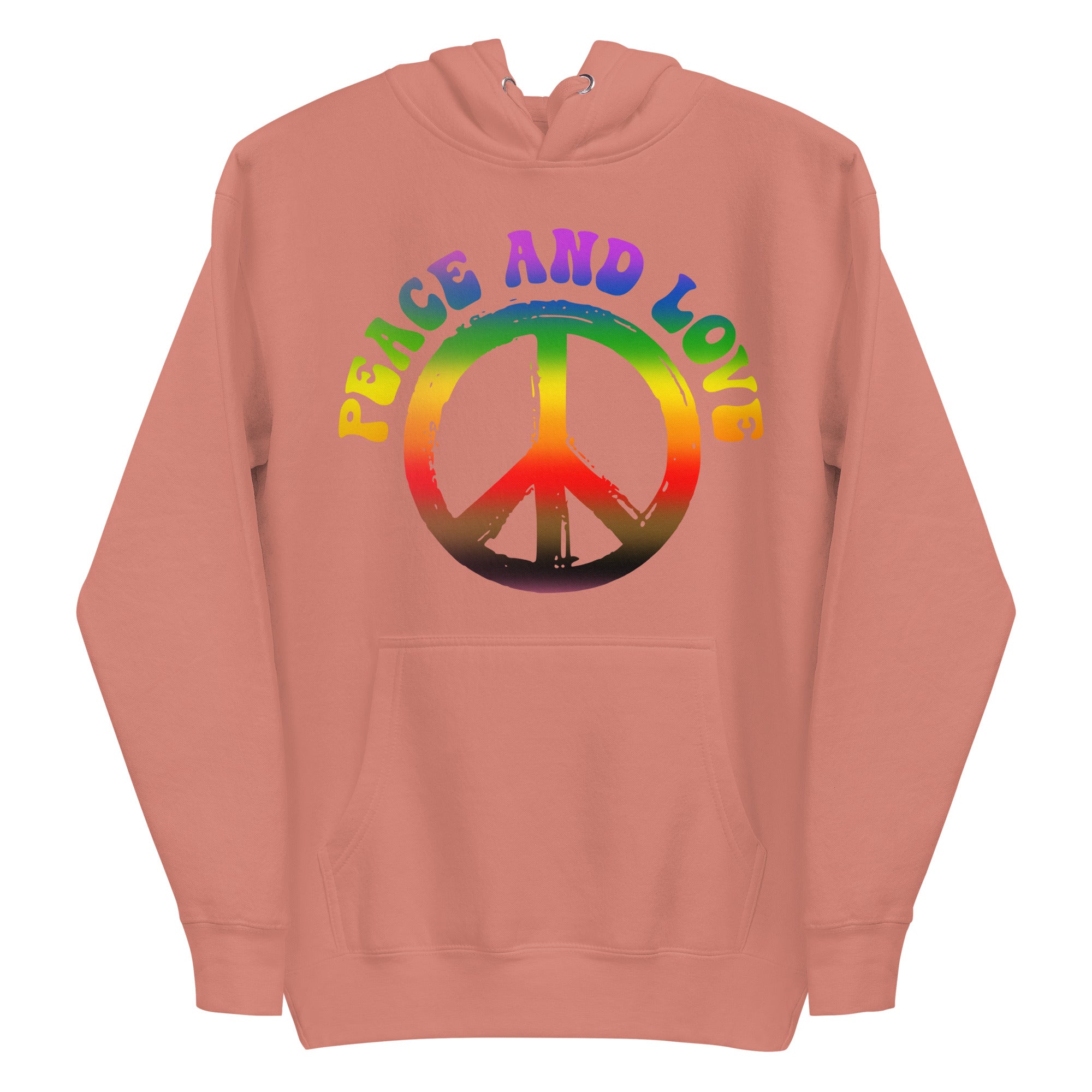 The Peace & Love Hoodie by Pridelity is a white hoodie adorned with a vibrant peace symbol and 