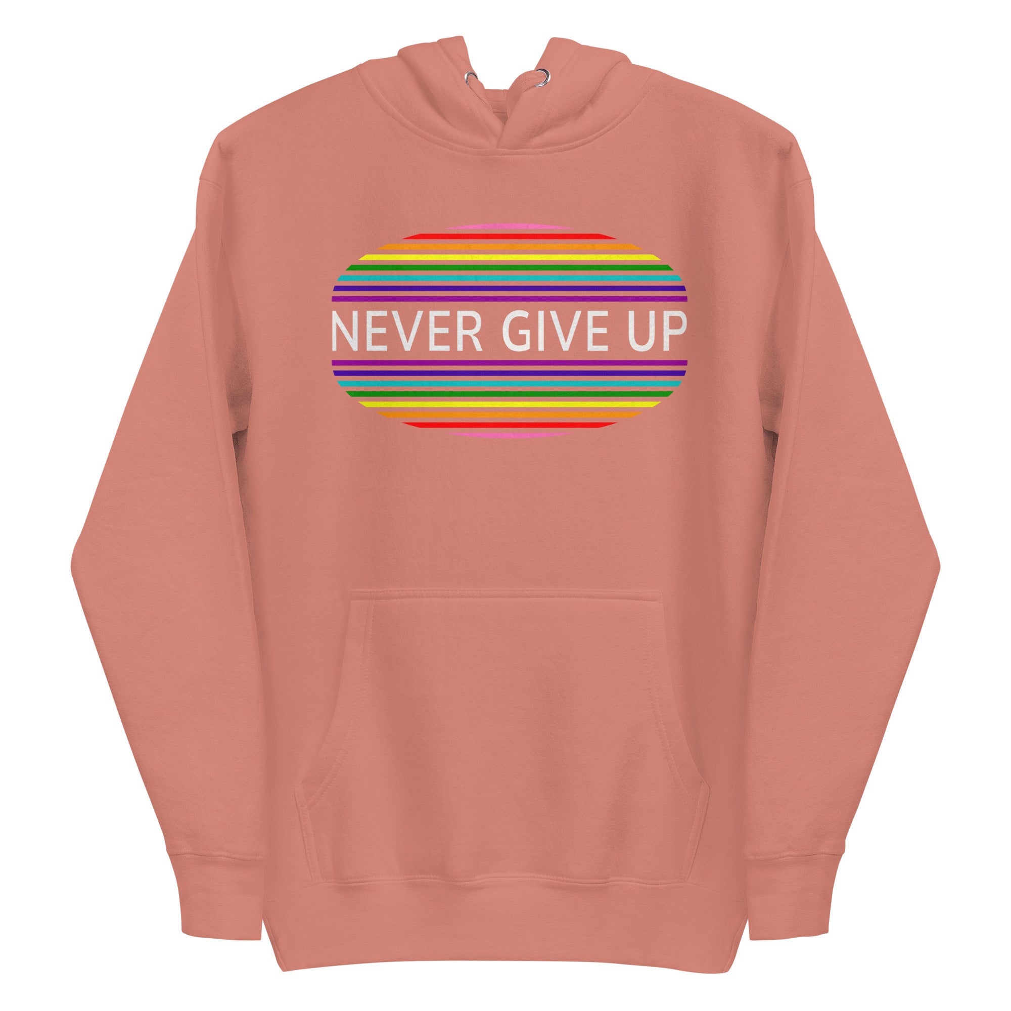 The Never Give Up Hoodie by Pridelity features a black design and showcases the inspiring message 