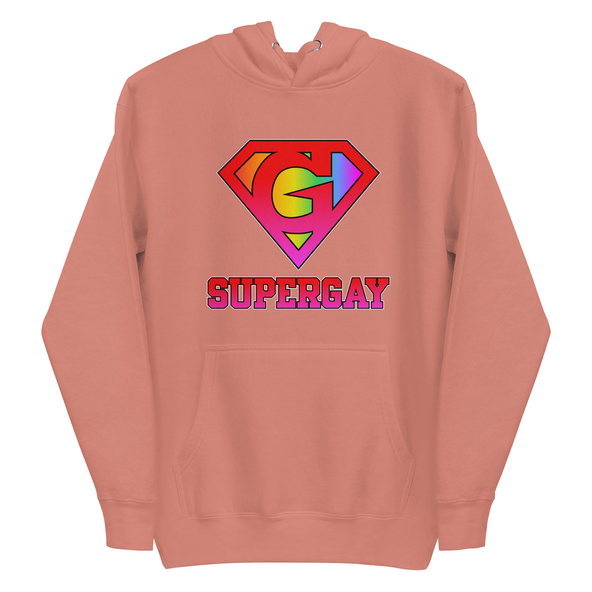 Explore the SuperGay Hoodie by Pridelity, part of our pride collection. This white hoodie features a rainbow-colored 