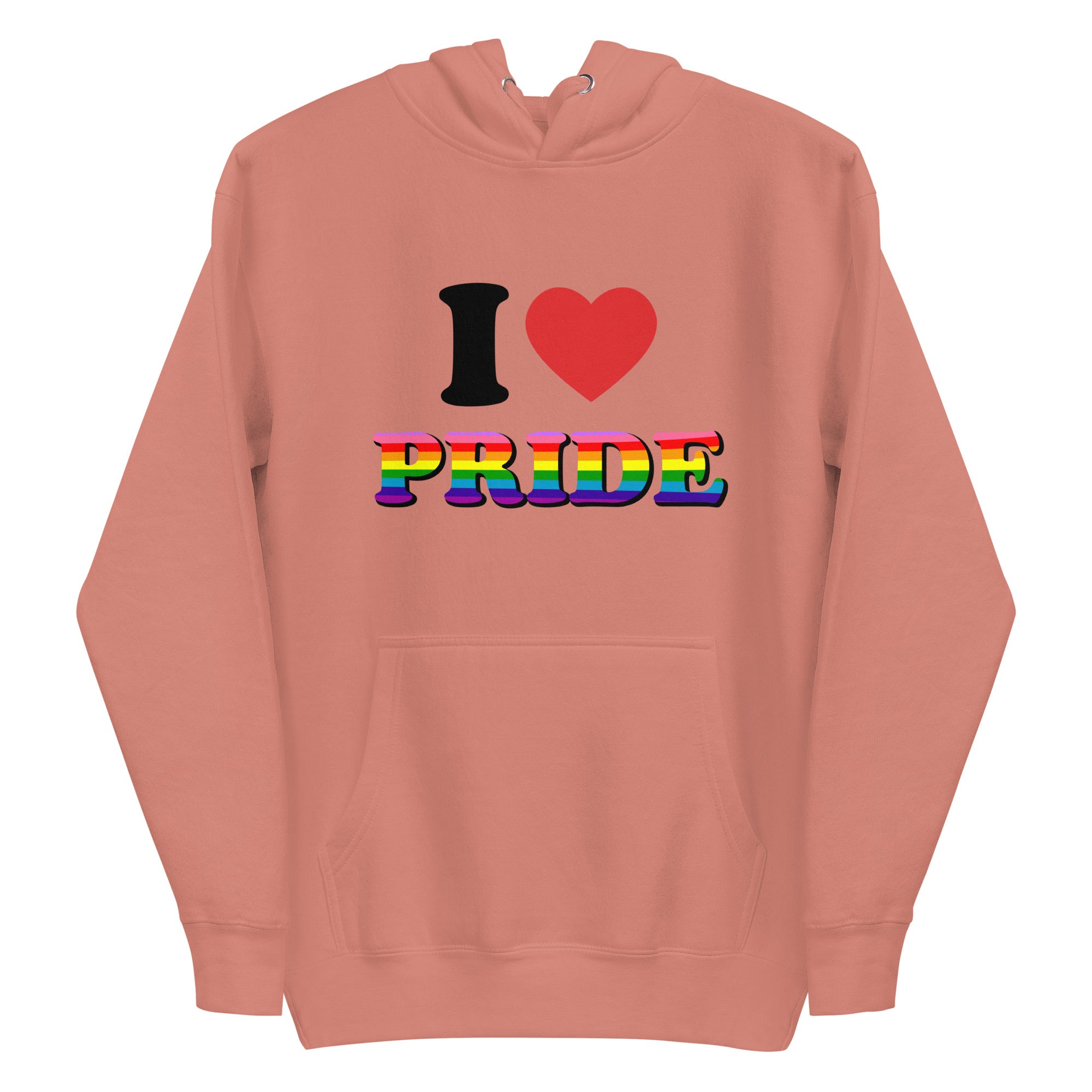 Introducing the I Love Pride Hoodie from Pridelity, a stylish white hoodie showcasing 