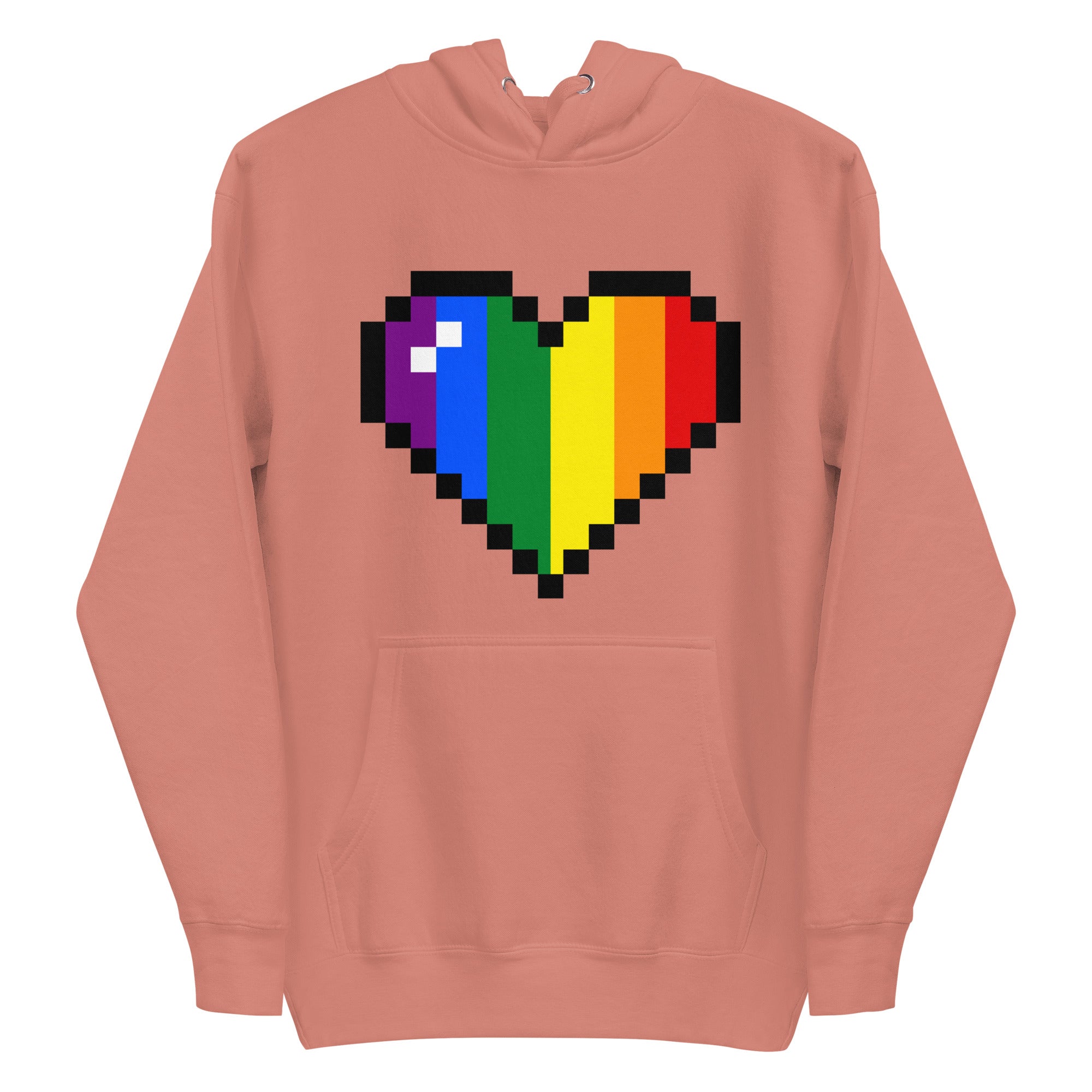 Introducing the Big Pixel Heart Hoodie by Pridelity, a team royal blue garment showcasing a centrally placed pixelated heart design in radiant rainbow shades of red, orange, yellow, green, blue, and purple. Proudly part of our Pride Collection.