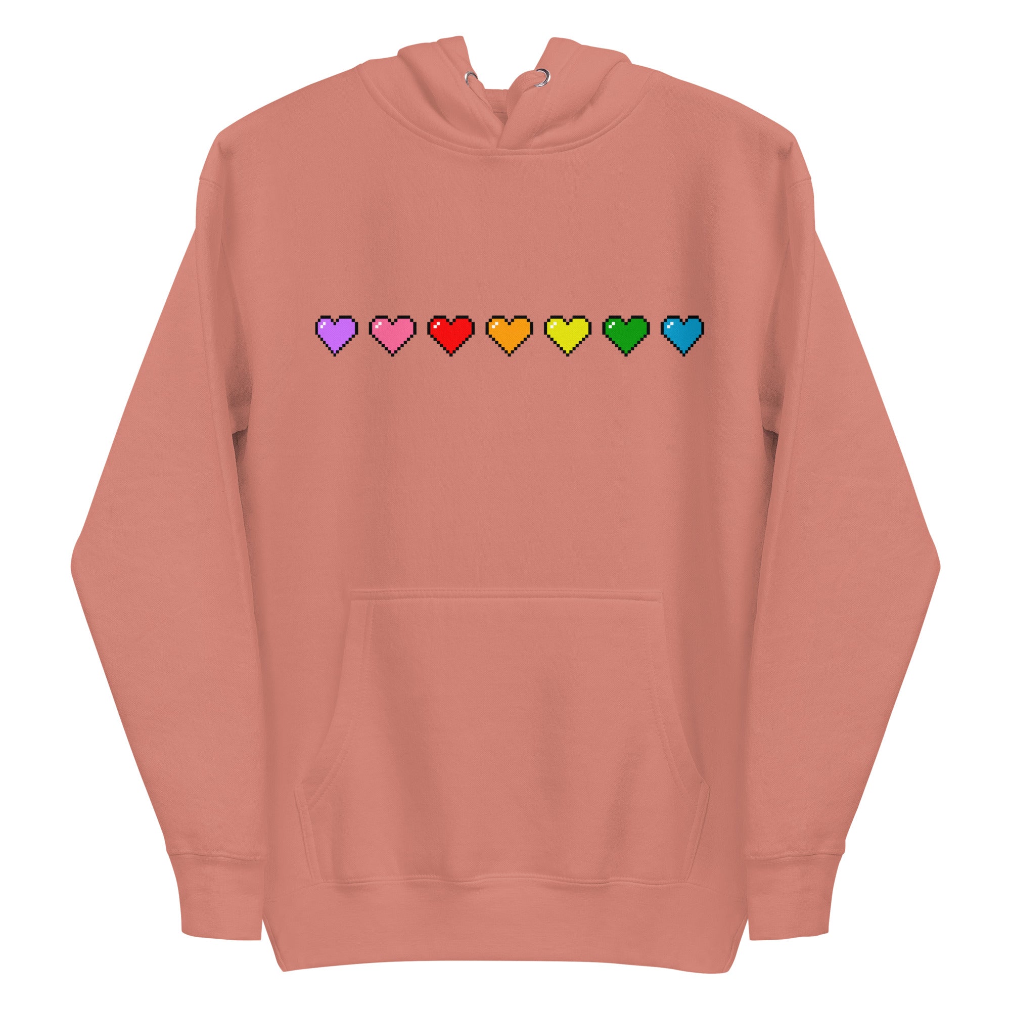 Introducing the Pixel Hearts Hoodie by Pridelity: This white hoodie showcases a row of pixelated hearts in vibrant rainbow colors—purple, pink, red, orange, yellow, green, and blue—across the chest, capturing the lively essence of pride shirts. It is designed with a convenient front pocket and a drawstring hood for added style and comfort.