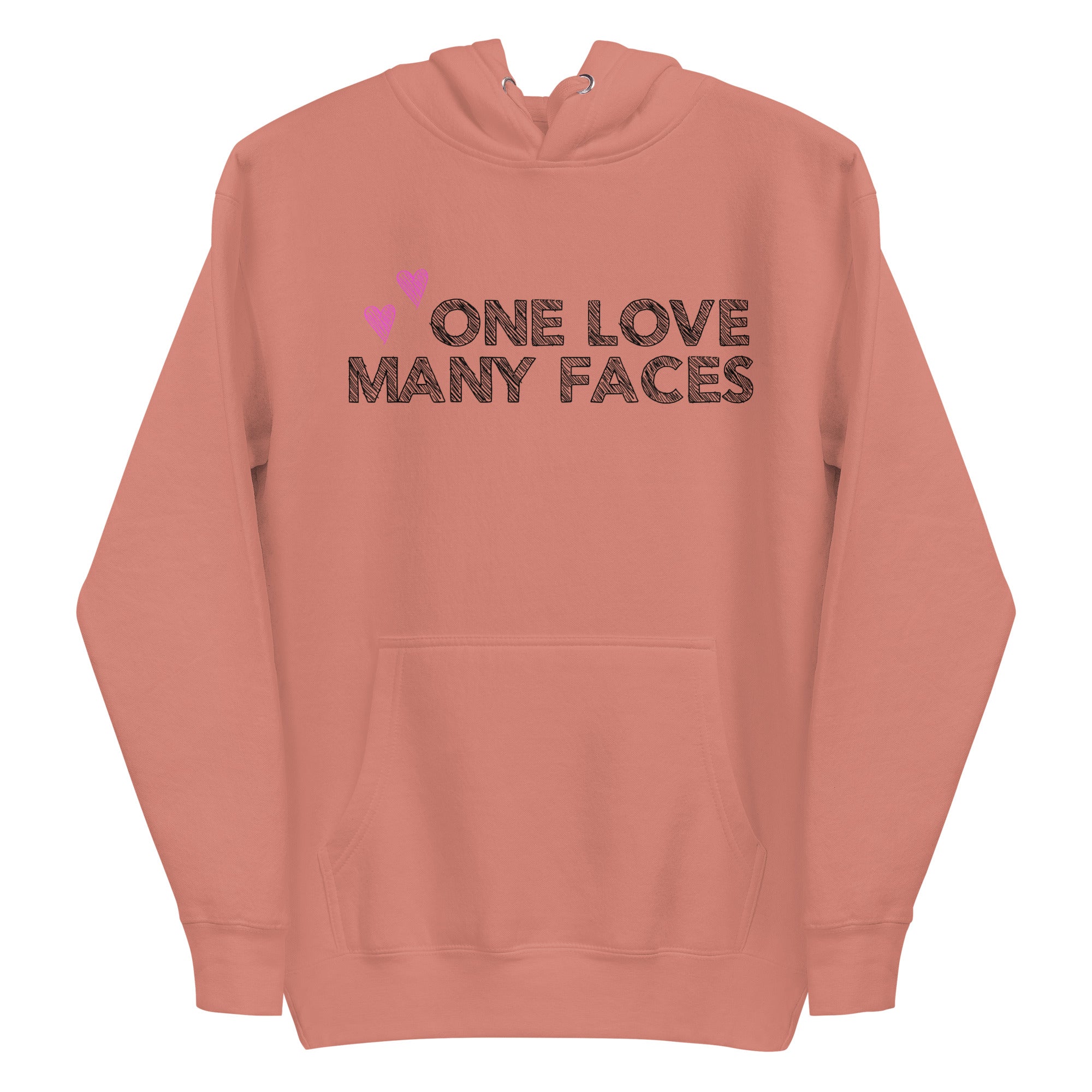 The One Love Hoodie by Pridelity is a folded pink sweatshirt, similar to pride shirts, featuring the bold black phrase 