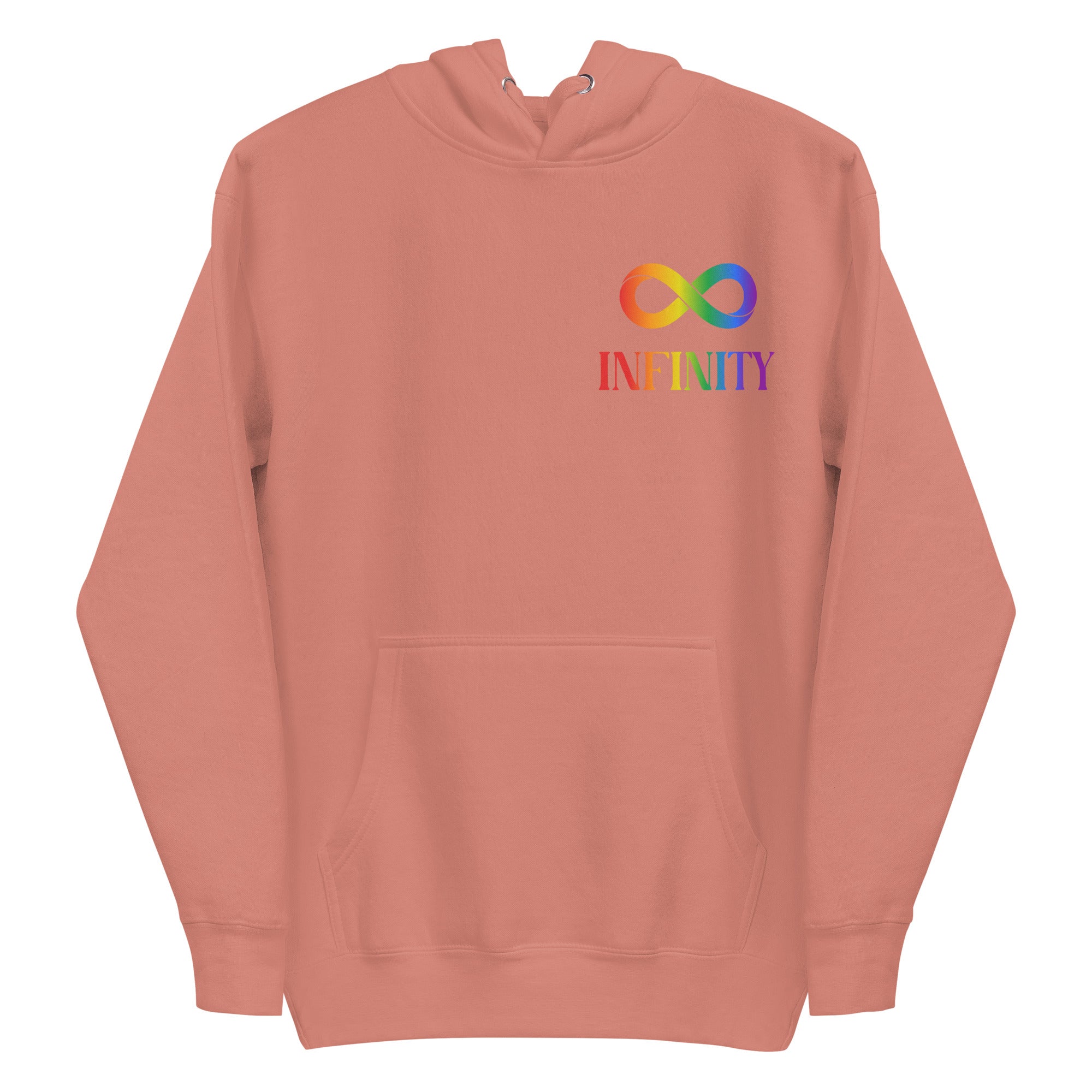 Introducing the Infinity Hoodie by Pridelity, a black hoodie adorned with a vibrant gradient rainbow infinity symbol and the word 