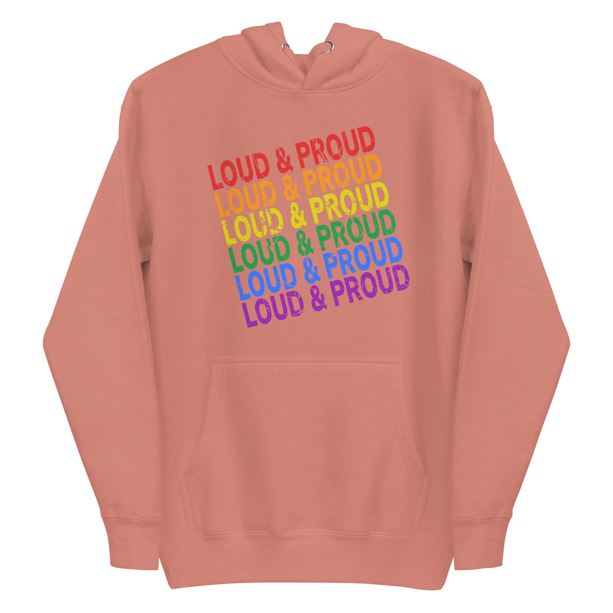 Introducing the Loud & Proud Hoodie by Pridelity: A black hoodie featuring the phrase 