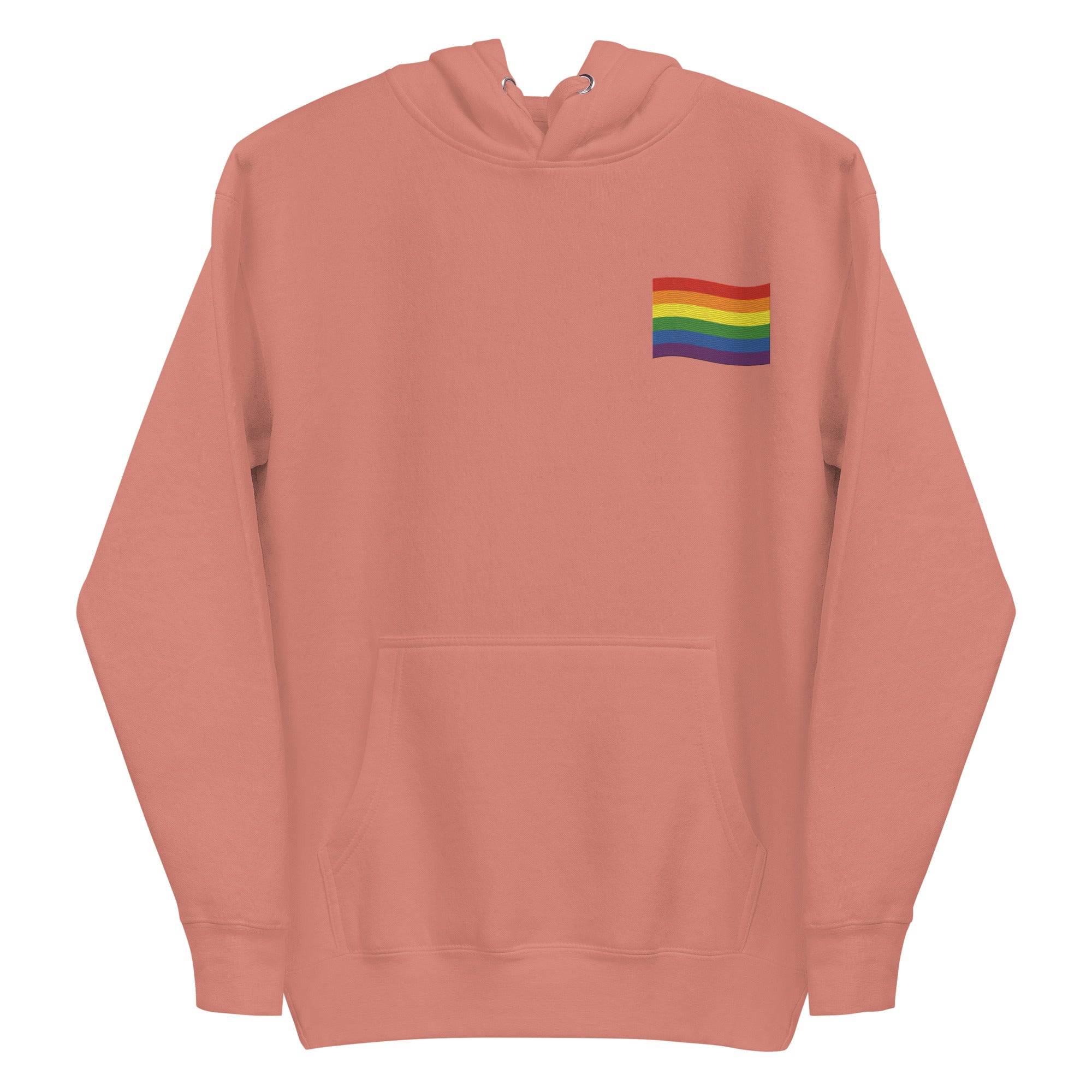 The Pride Flag Hoodie by Pridelity is a stylish white hoodie featuring a small rainbow flag design on the chest, ideal for pairing with pride shirts. It includes a front pocket and drawstring hood, showcasing vibrant horizontal stripes of red, orange, yellow, green, blue, and purple on the rainbow flag.