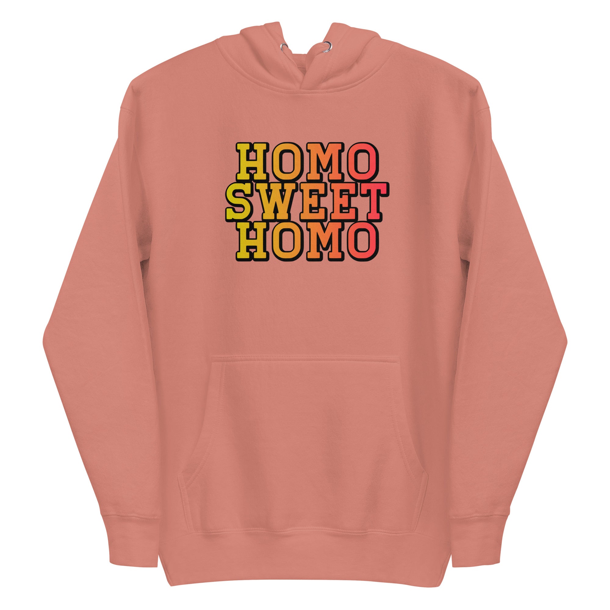 A carbon grey *Homo Sweet Homo* hoodie by Pridelity featuring bold, multicolored lettering on the front.