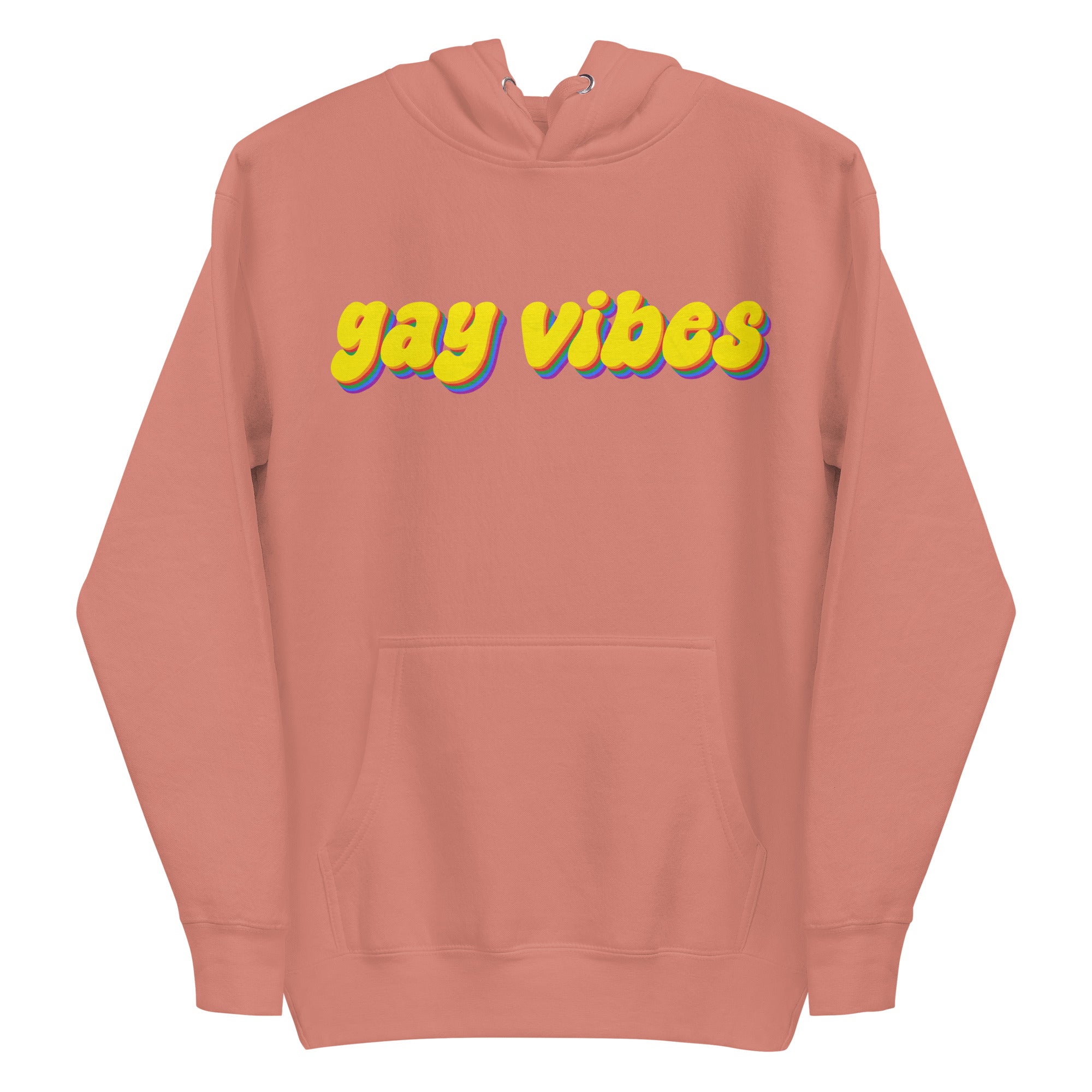 A Carbon Grey Gay Vibes Hoodie by Pridelity features the phrase 