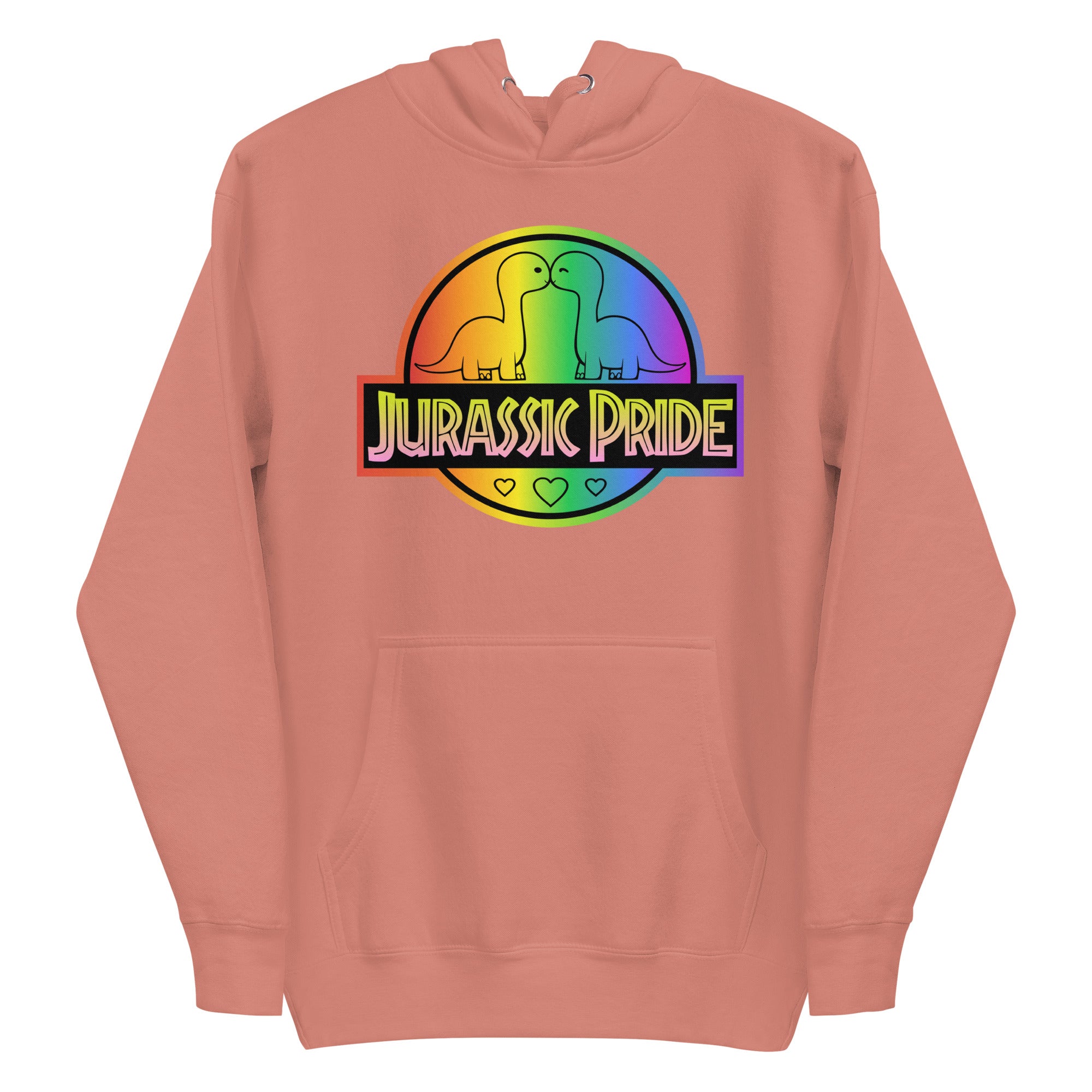 The Jurassic Pride Hoodie by Pridelity showcases a vibrant design featuring two cartoon dinosaurs facing each other inside a rainbow circle. The bold 