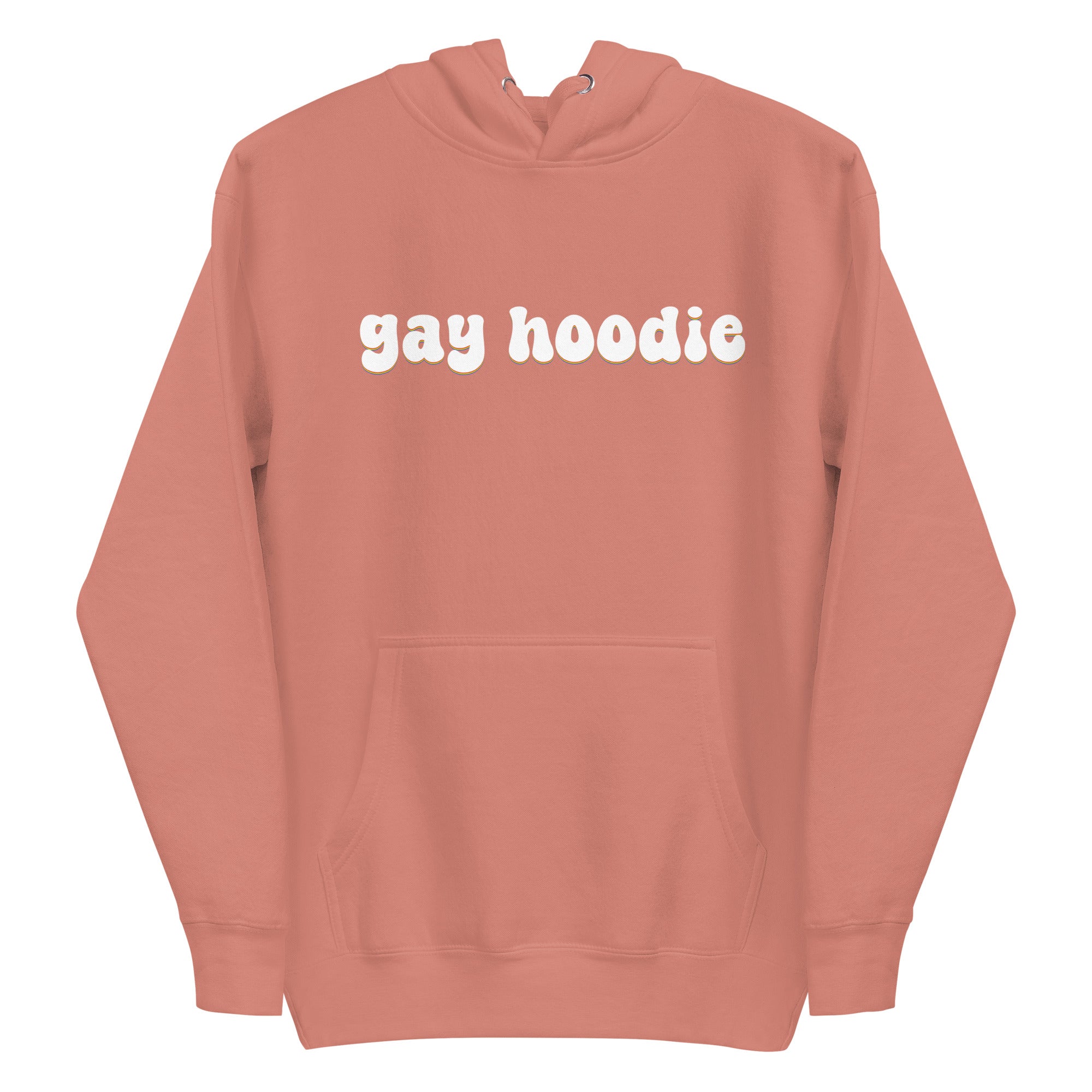 Introducing the Gay Hoodie by Pridelity: A black pride hoodie featuring cream-colored text with the phrase 