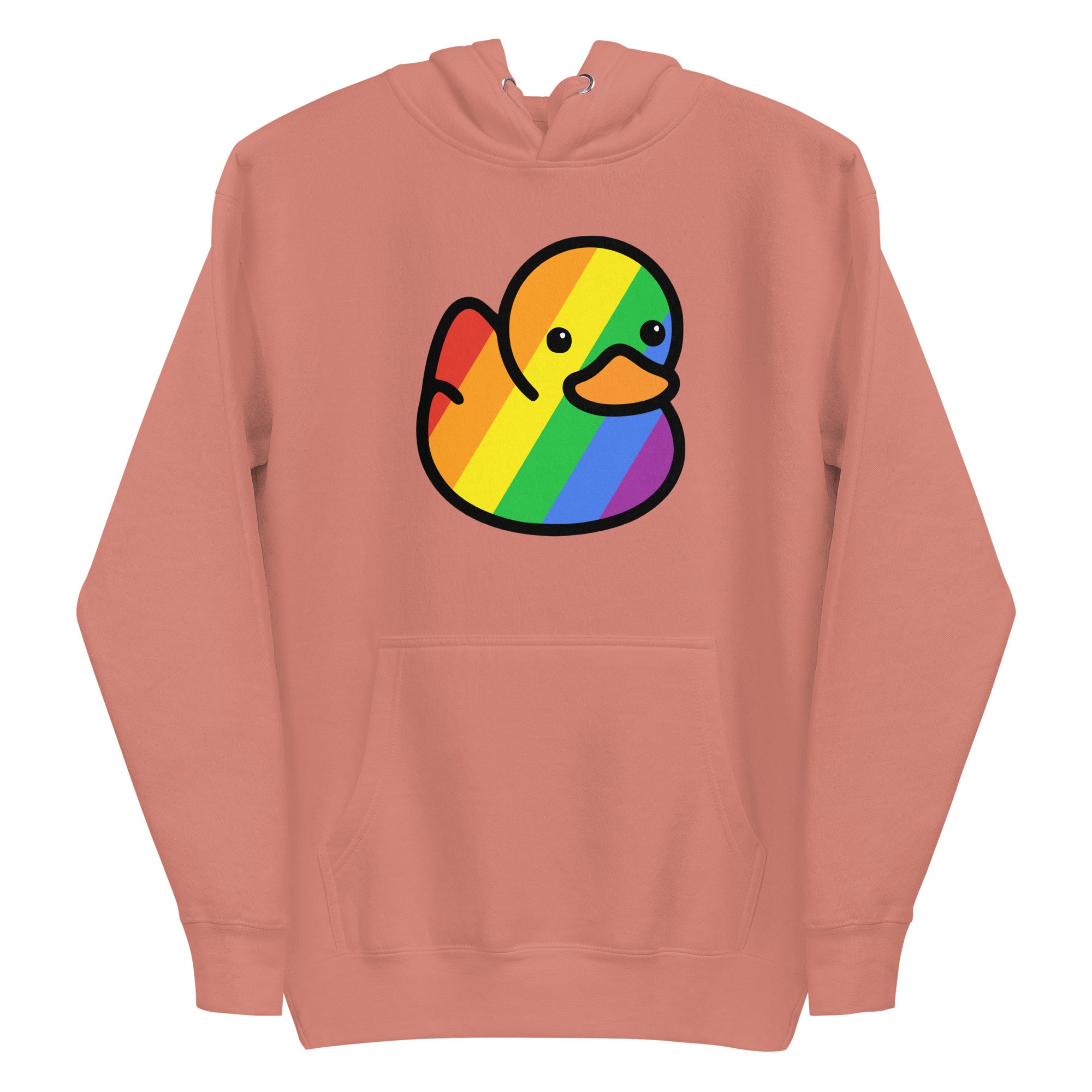 The Pride Duck Hoodie by Pridelity beautifully captures the essence of pride with a cartoon duck adorned in a vibrant rainbow pattern. The simple and cute expression of the duck adds an extra touch of charm, while the white hoodie offers both comfort and style with its drawstring hood and front pocket, making it an ideal piece for your pride shirts collection.