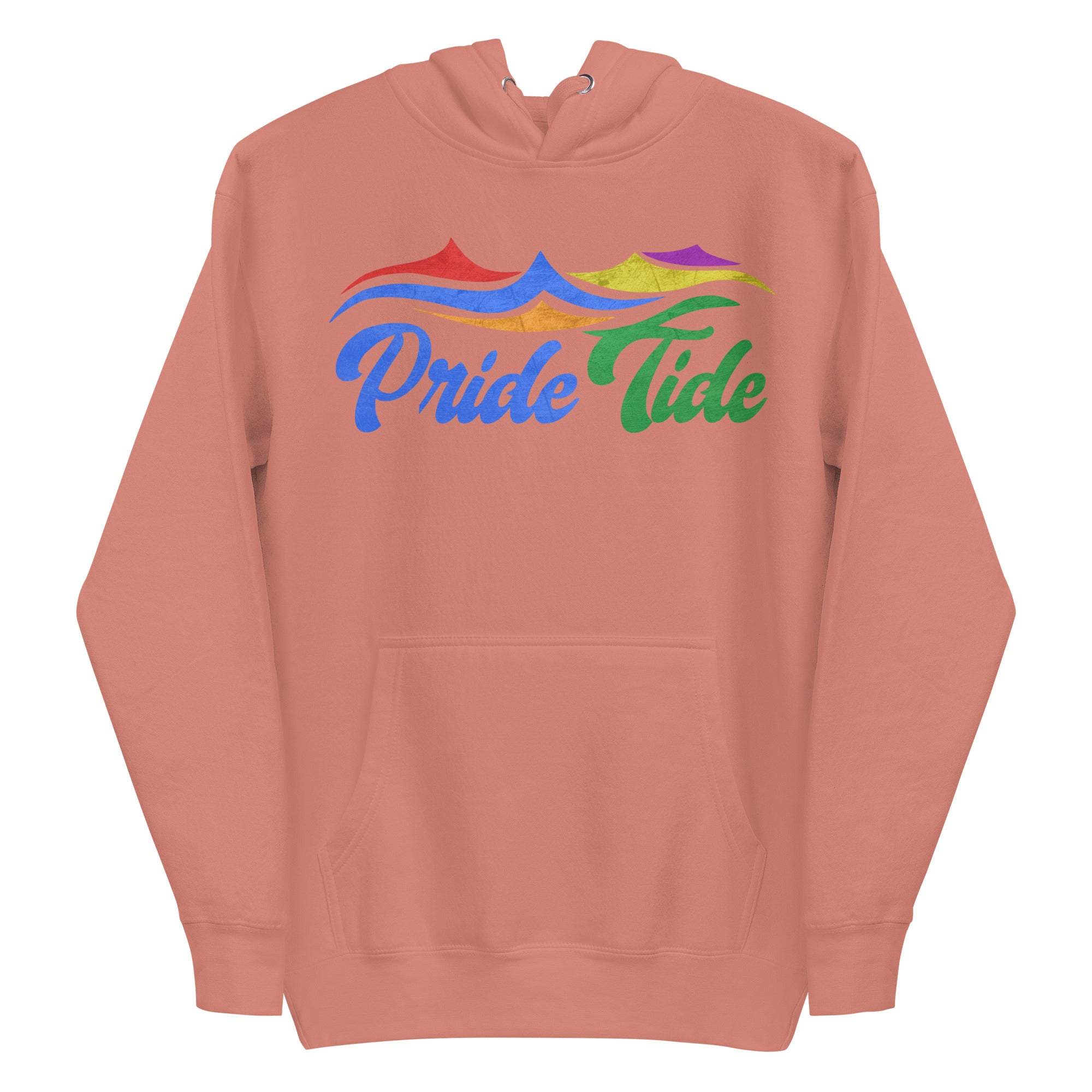 Experience the vibrant Pride Tide Hoodie by Pridelity, featuring a colorful wave design above 