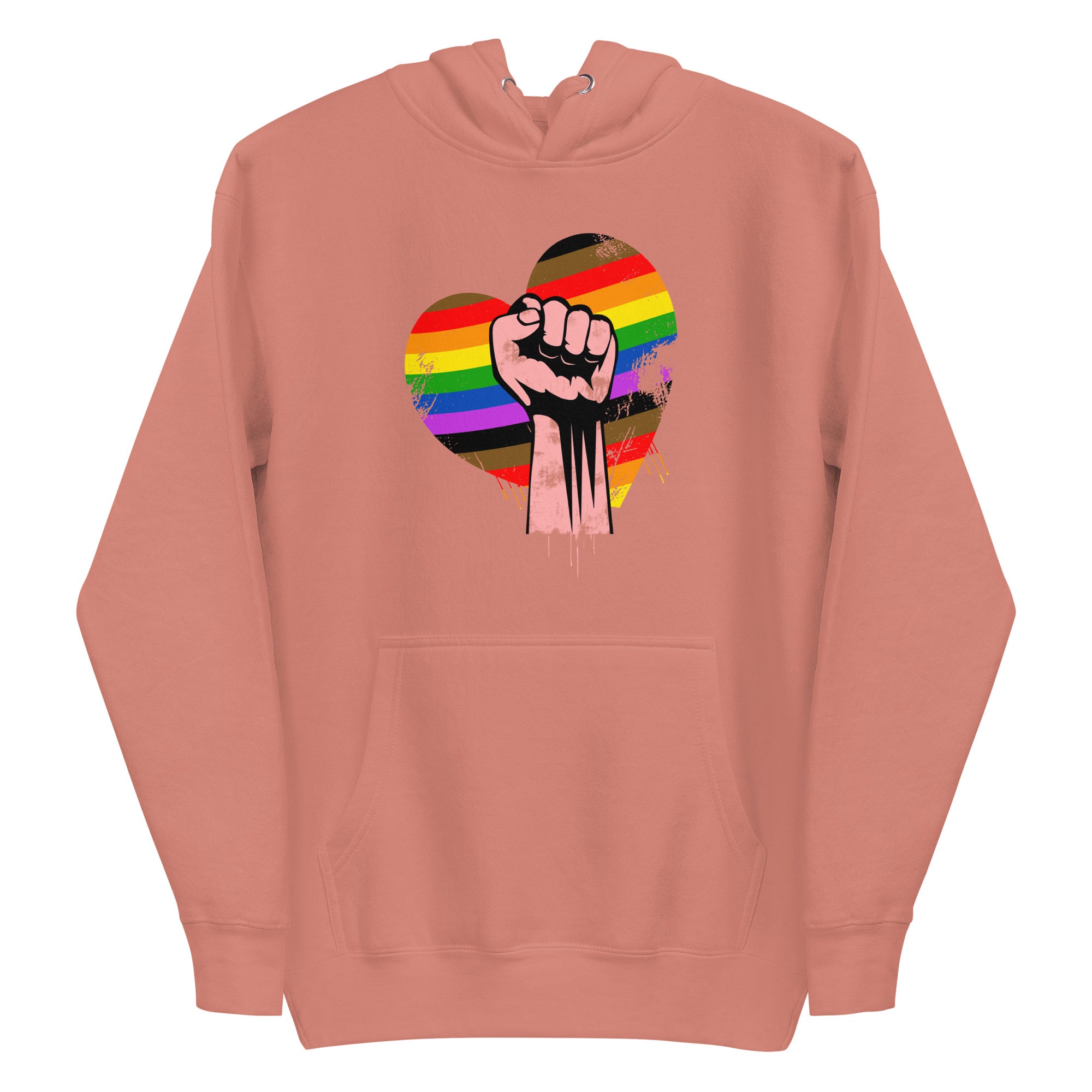 The Pridelity Fist Up Hoodie features a striking design of a raised fist within a heart filled with rainbow hues, beautifully blending empowerment and LGBTQ+ pride. This design stands out on its crisp white fabric.