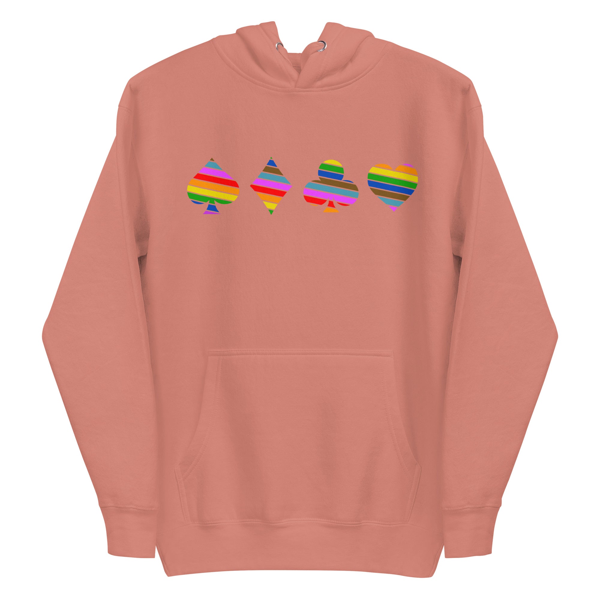 The Deck of Pride Hoodie by Pridelity, in a crisp white shade, showcases four playing card suit symbols: spade, diamond, club, and heart. Each symbol is embellished with vivid horizontal stripes. When laid flat with the hood up, it becomes a lively addition to your Pride merchandise collection.