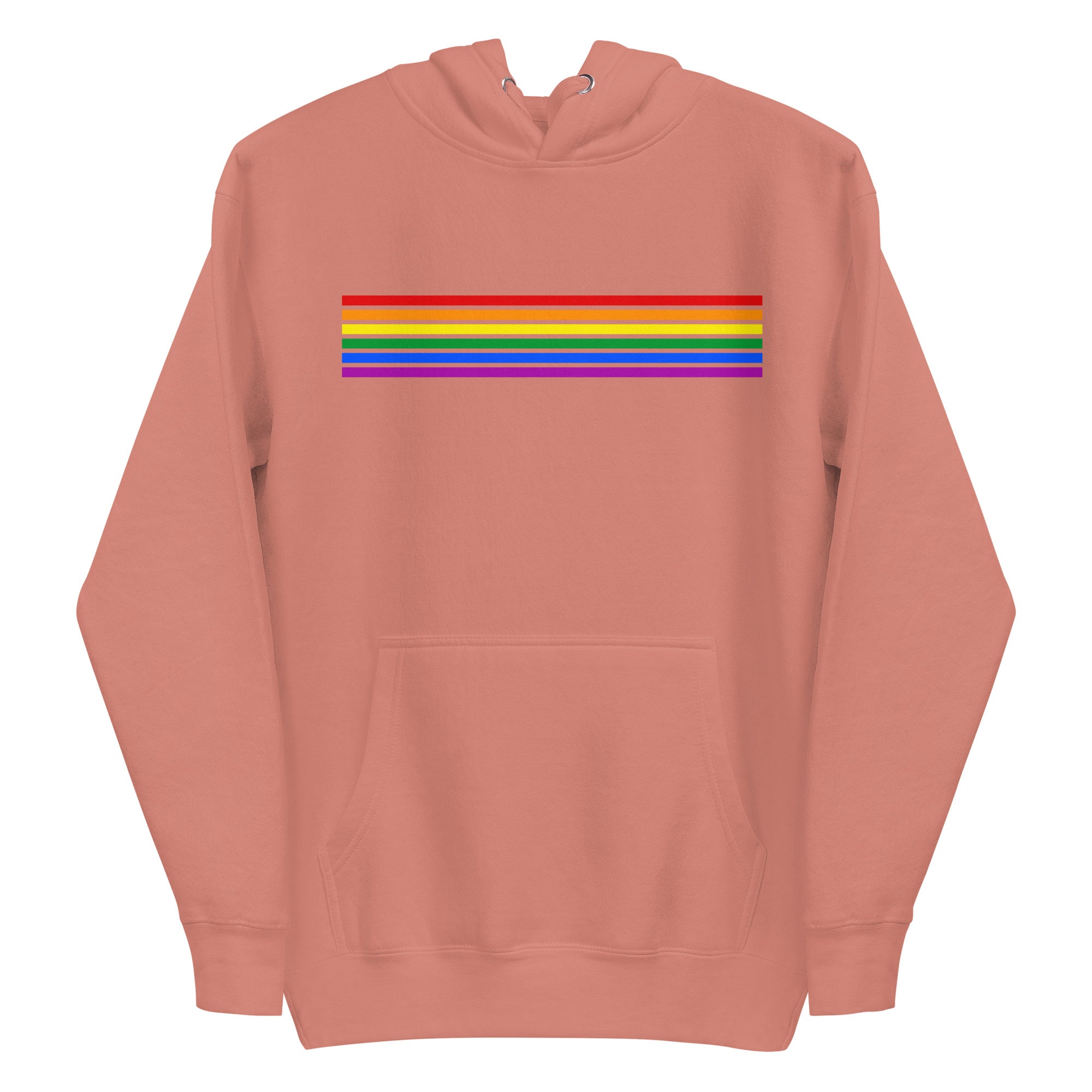 Presenting the Rainbow Stripes Hoodie from Pridelity: This black hoodie boasts a striking horizontal rainbow stripe across the chest, highlighting vibrant hues such as red, orange, yellow, green, blue, and purple. Created to honor the LGBTQ+ community, it also features a front pocket and adjustable drawstrings for comfort and style.